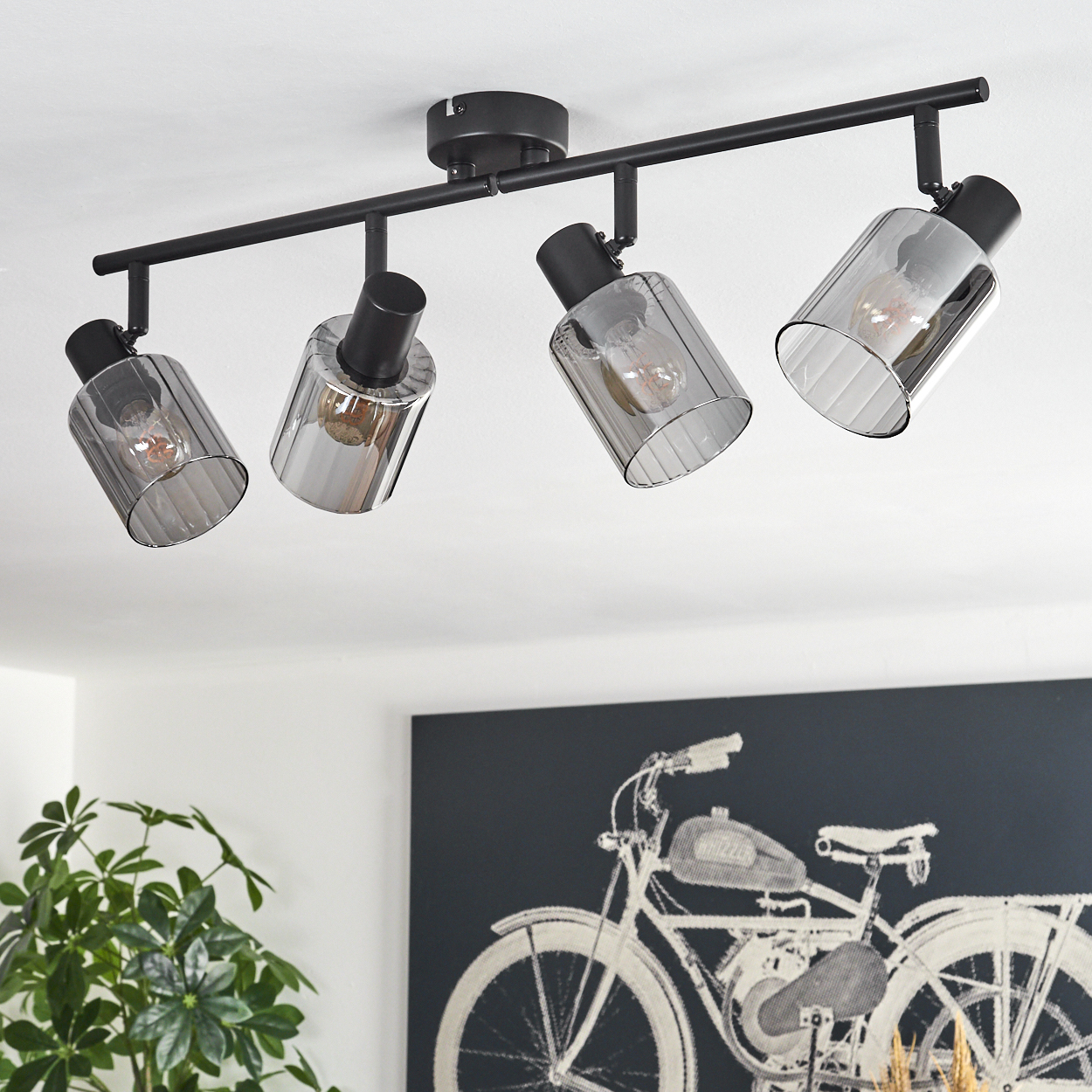 Eine schwarze Deckenleuchte mit vier Strahlern mit Glasschirmen. Ein Fahrradkunstwerk an der Wand.