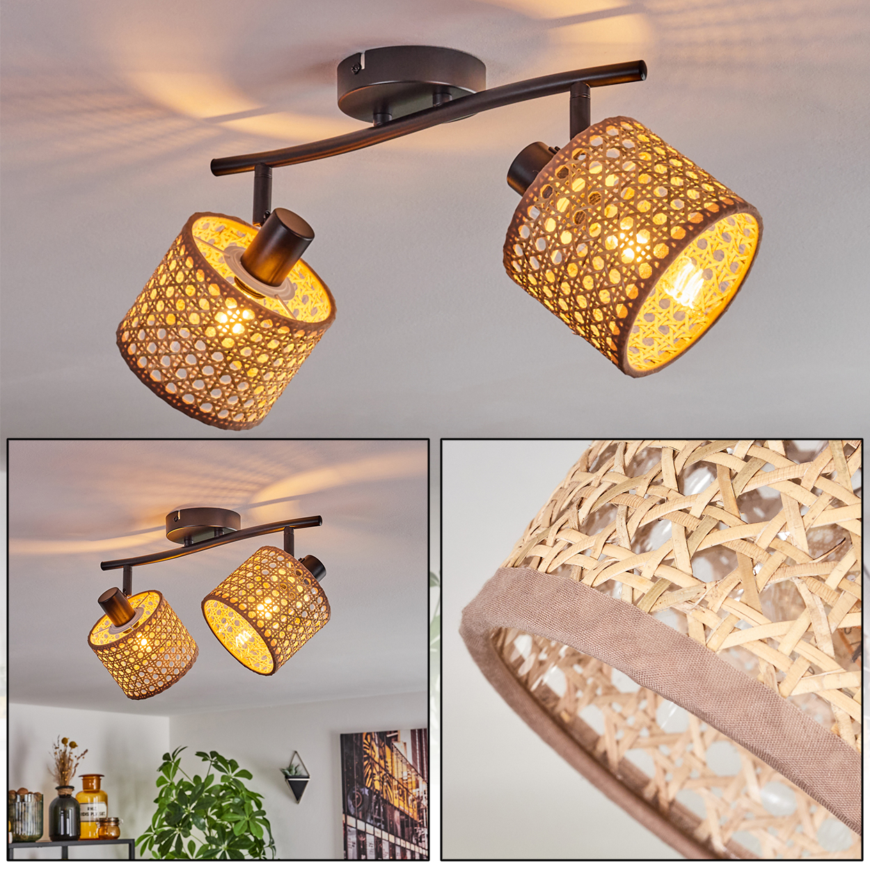 Deckenleuchte mit zwei gewebten Rattanschirm. Schwarzer Metallrahmen und -sockel. Helles gelbes Licht in den Schirmen. Weiße Decke.
