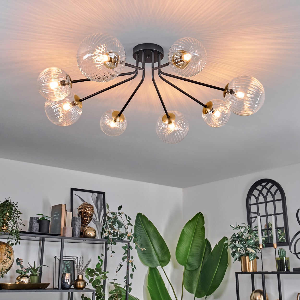 Eine Deckenleuchte mit Glaskugeln beleuchtet einen Raum mit Pflanzen und Regalen. Die Leuchte hat einen schwarzen Rahmen.