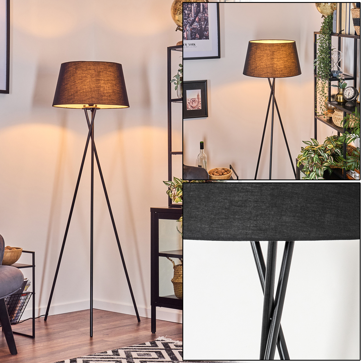Eine schwarze Stehlampe mit Stativ und Lampenschirm. Im Hintergrund ein Regal mit Pflanzen und einem gerahmten Bild.