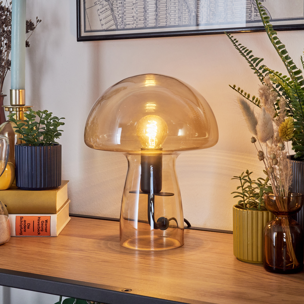 Eine pilzförmige Lampe aus bernsteinfarbenem Glas leuchtet auf einem Holzregal. Pflanzen in Töpfen und eine Karte sind im Hintergrund.