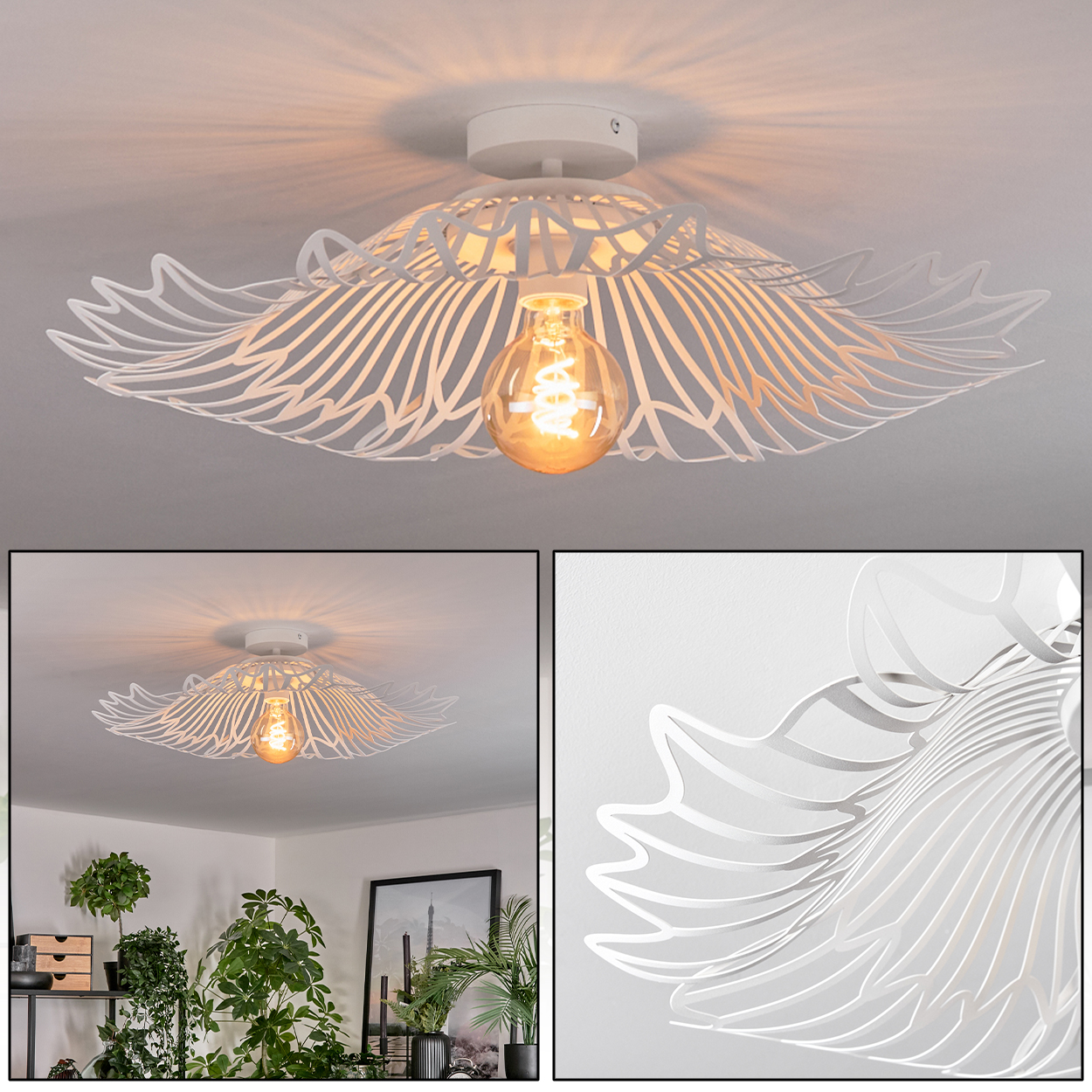 Weiße Deckenleuchte mit floralem Design und warmtoniger Glühbirne. Zusatzbilder zeigen Nahaufnahmen und Kontext in einem Raum mit Pflanzen.