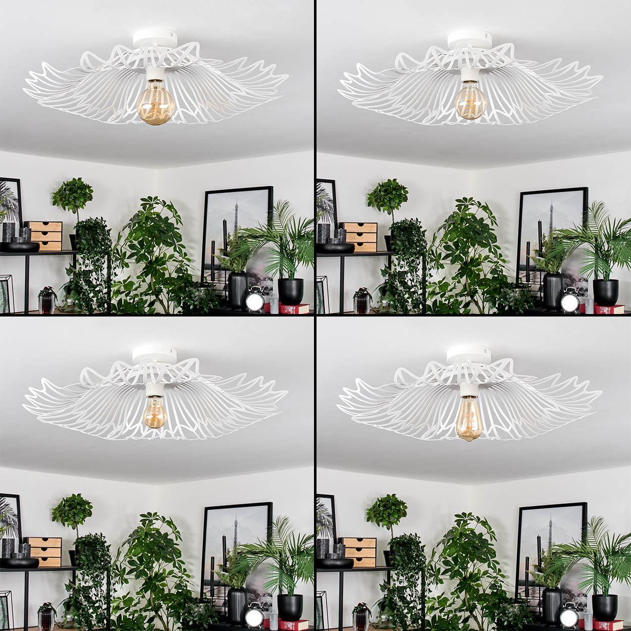Eine weiße Deckenlampe mit dekorativem Design. Darunter eine Zimmerecke mit Pflanzen, Bildern und Regalen.