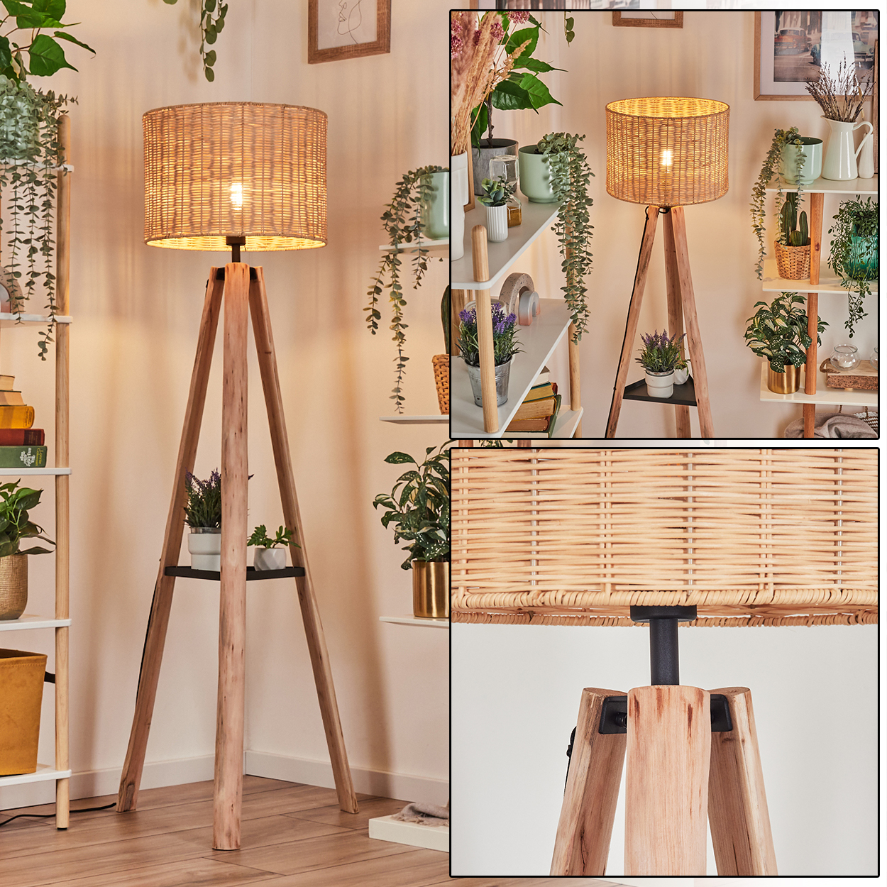 Eine hölzerne Stativlampe mit gewebtem Lampenschirm. Regale mit Pflanzen und ein Holzboden sind ebenfalls sichtbar.