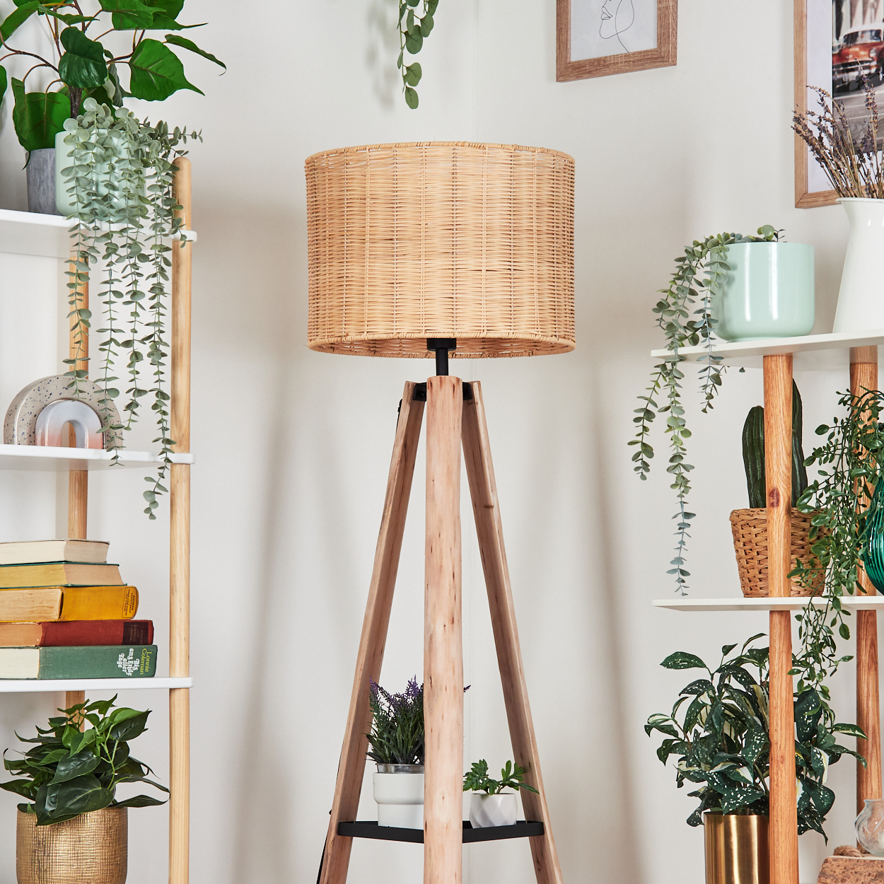 Eine Holzstativlampe mit gewebtem Schirm steht im Mittelpunkt. Regale mit Pflanzen und Büchern befinden sich auf beiden Seiten. Weiße Wand mit gerahmter Kunst.
