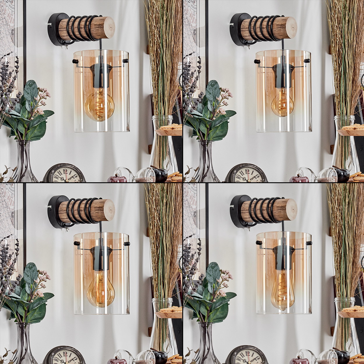 Wandleuchte mit Holzsockel und Glasschirm. Vasen, eine Uhr und dekorative Gegenstände sind im Bild zu sehen.