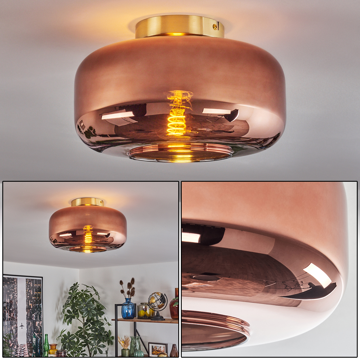 Kupferfarbene Deckenlampe mit goldenem Oberteil und sichtbarer Glühbirne. Die Lampe reflektiert den Raum.
