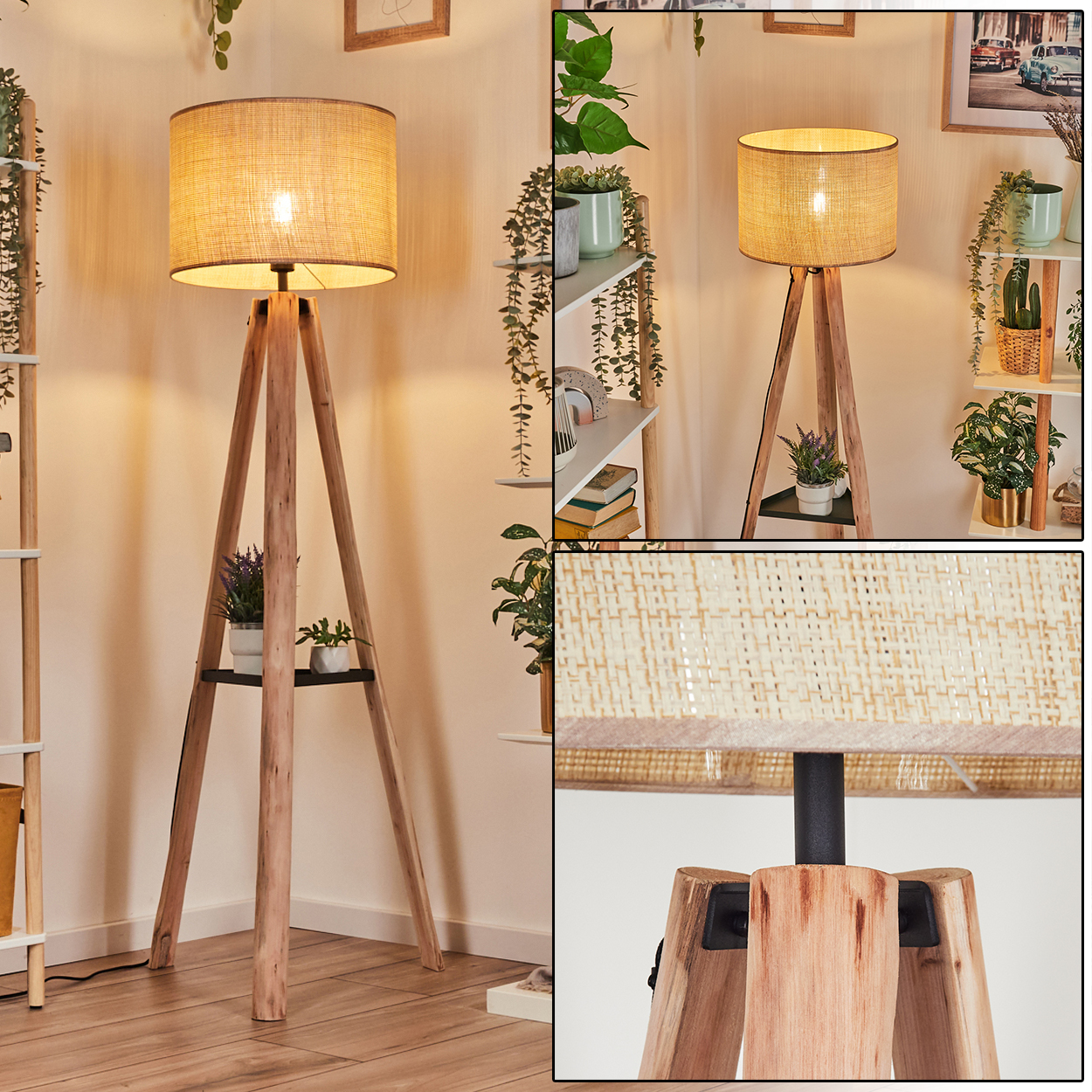 Eine hölzerne Stativ-Stehlampe mit beigem Lampenschirm. Regale mit Pflanzen sind im Hintergrund zu sehen. Ein gemütliches, gut beleuchtetes Interieur.