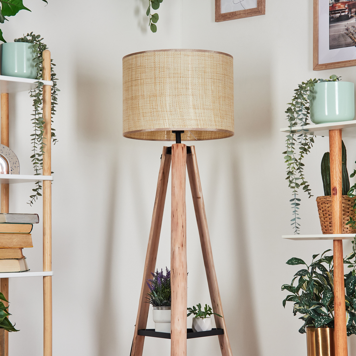 Eine Stehlampe mit gewebtem Schirm steht vor einer weißen Wand. Regale mit Pflanzen und Büchern sind auf beiden Seiten.
