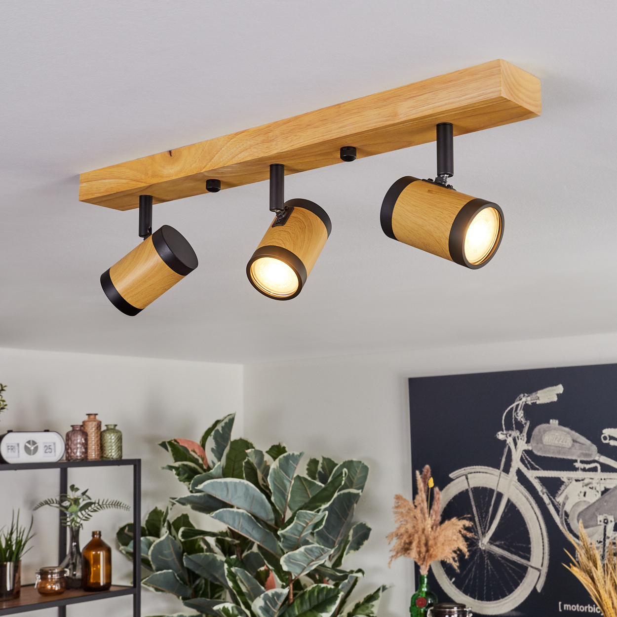 Drei Holz-Spots an einem Holzbalken, vor einer weißen Decke. Im Vordergrund eine große Pflanze, rechts ein Bild.