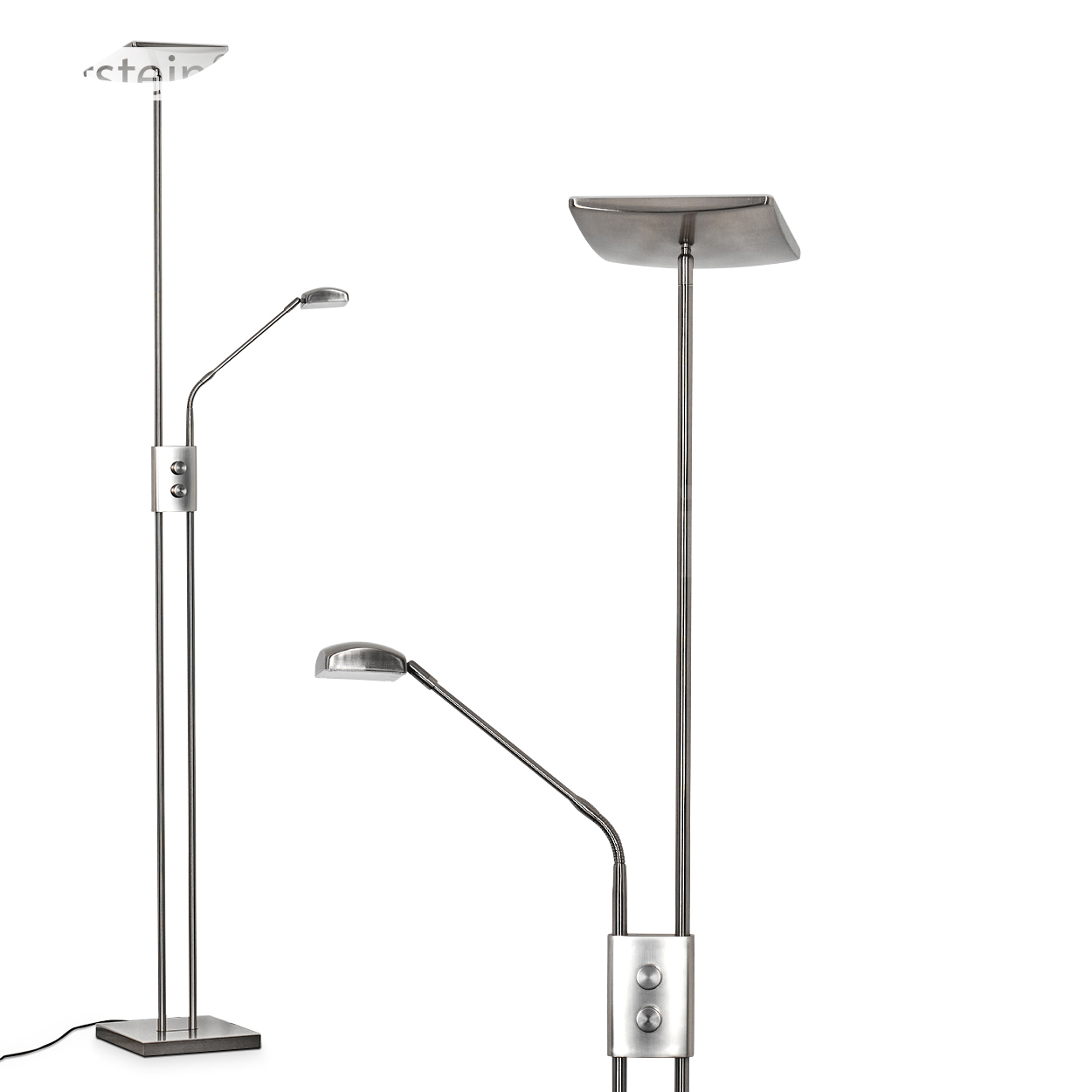 Zwei silberne Stehlampen mit verstellbaren Köpfen. Eine hat einen quadratischen Sockel und eine flache Oberseite, die andere einen flexiblen Arm.