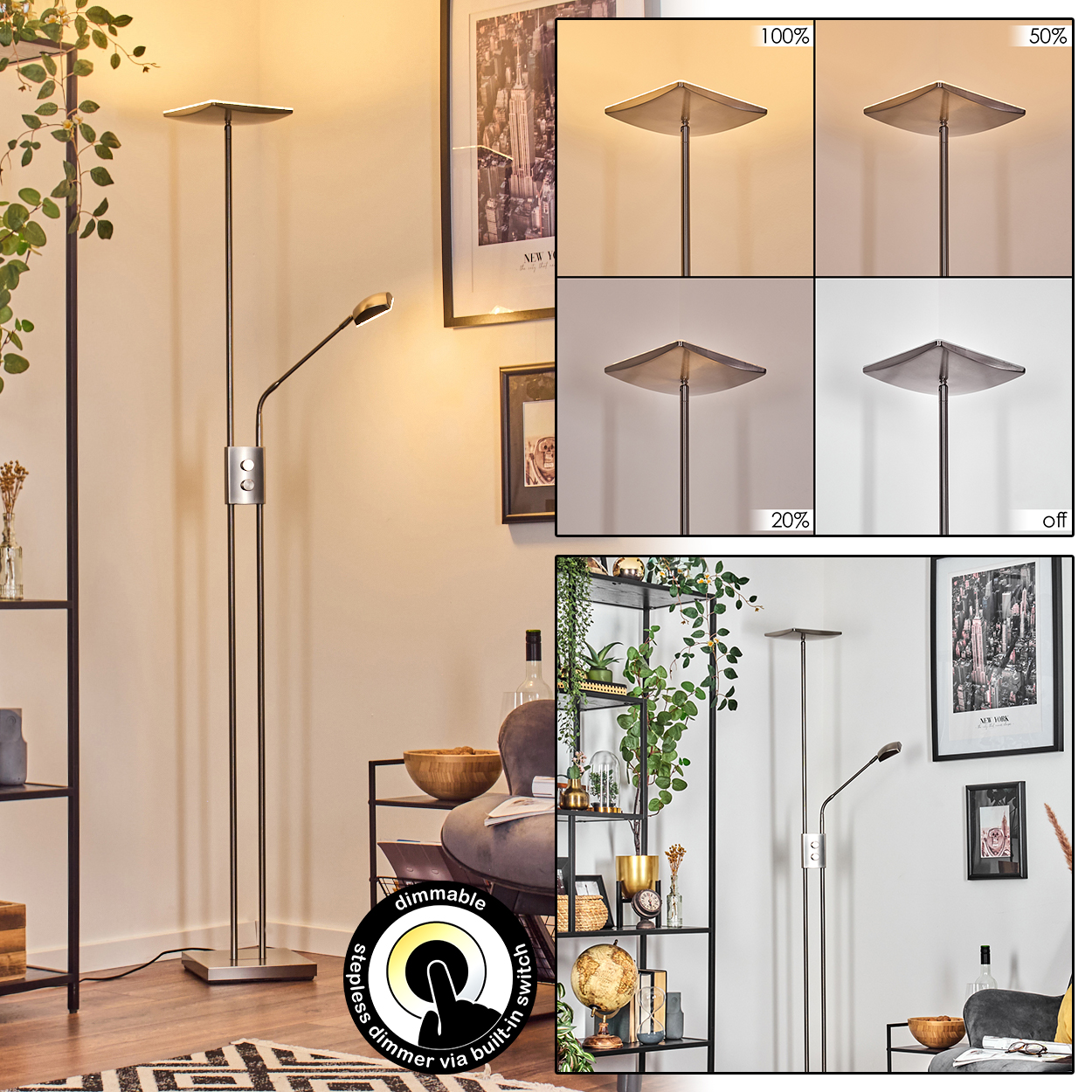 Eine moderne Stehlampe mit einstellbaren Helligkeitseinstellungen, dargestellt in einer Wohnzimmereinrichtung. Es gibt auch ein paar Bilder und Dekorationen.