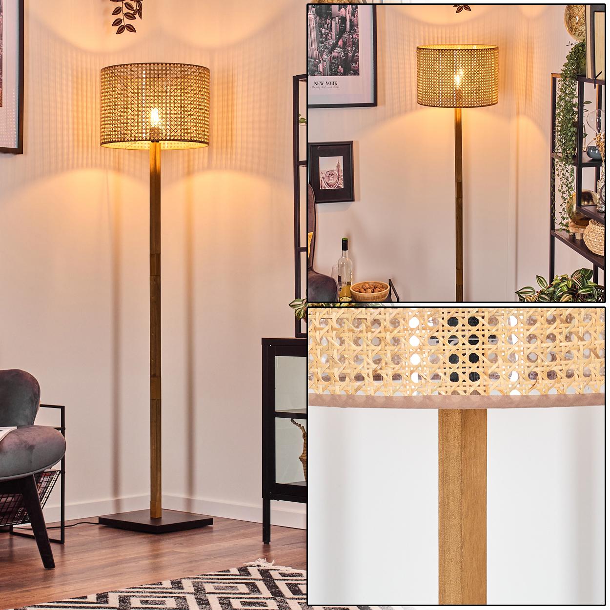 Eine hohe Stehlampe mit gewebtem Schirm und Holzstange steht in einem Raum mit Teppich und Möbeln.