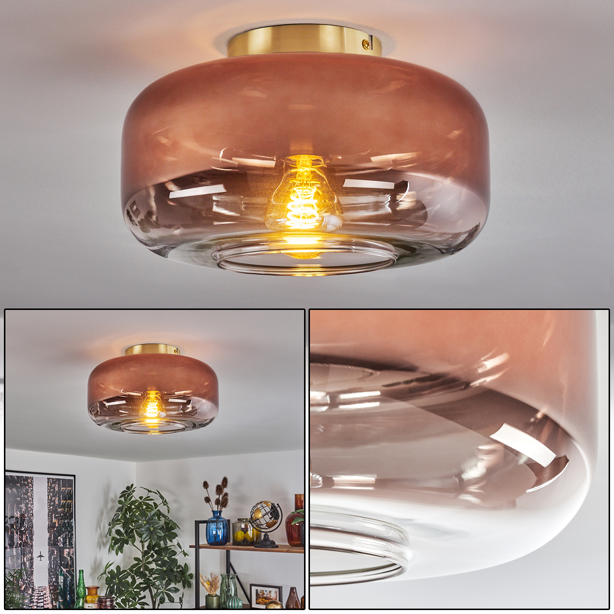 Eine moderne Deckenlampe mit braun getöntem Glasschirm und goldfarbenem Sockel, eine leuchtende Glühbirne. Im Hintergrund ein Raum.