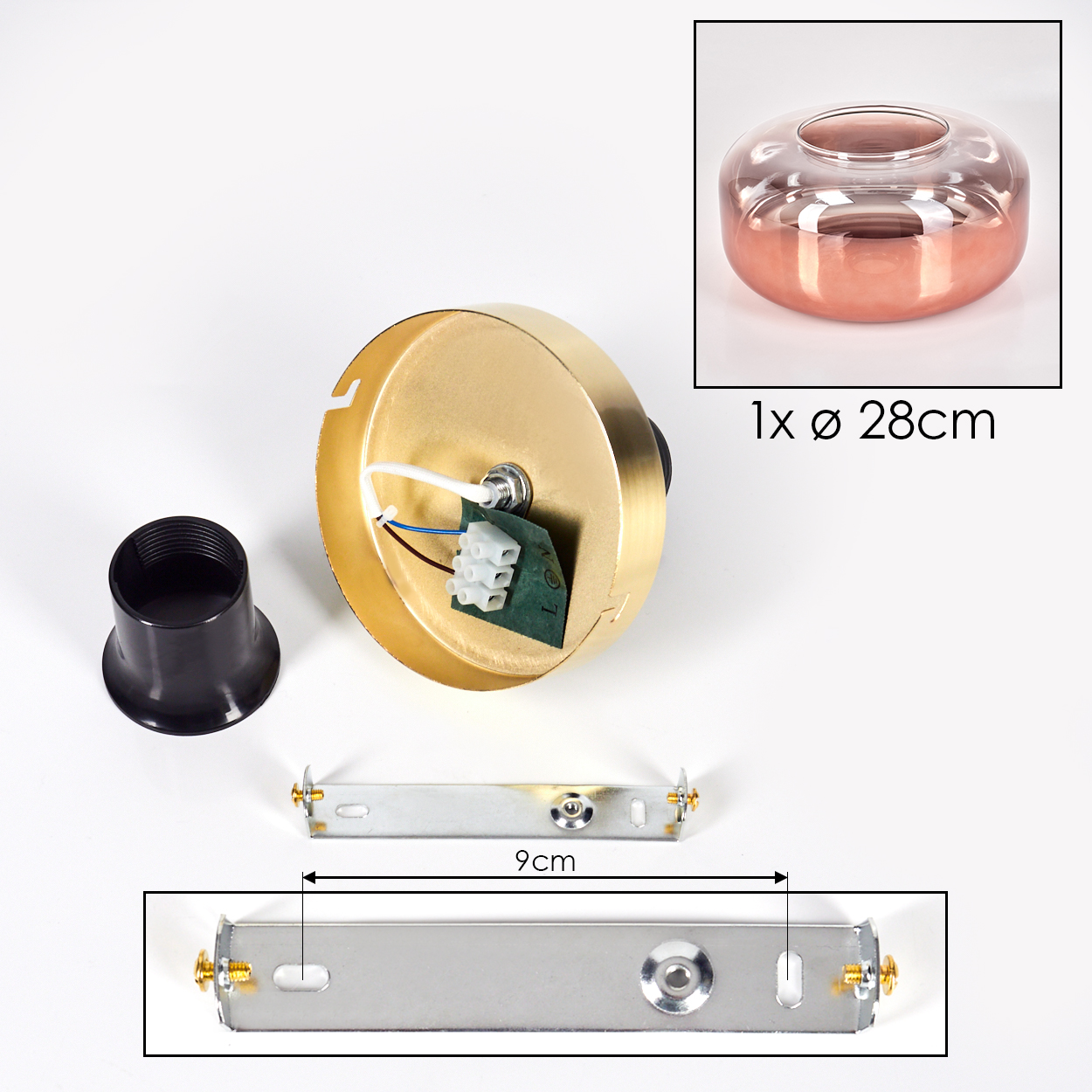 Komponenten einer Lampe. Enthält eine goldfarbene Basis, eine schwarze Fassung, eine Metallhalterung und einen Glasschirm mit 28cm Durchmesser.