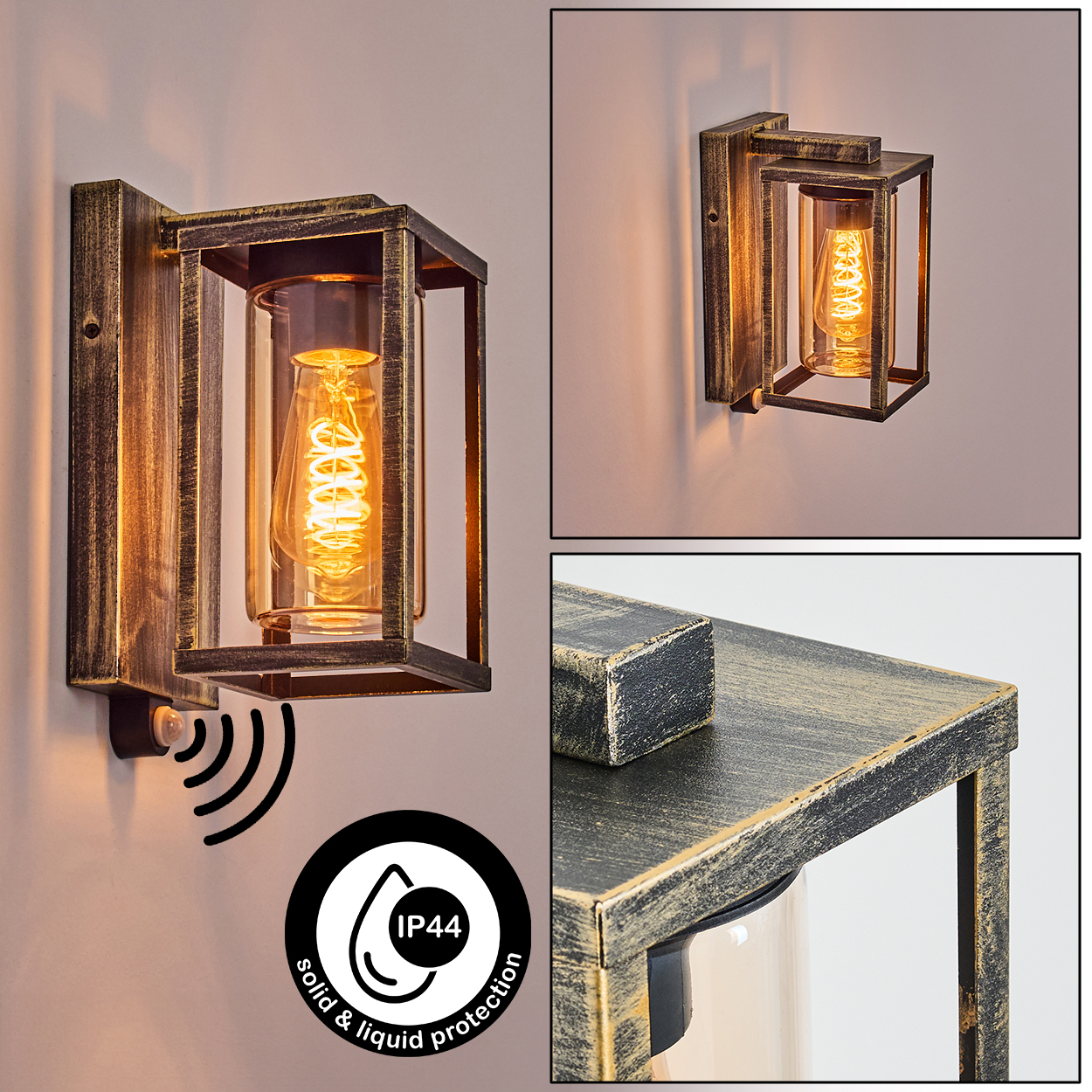 Eine Wandlampe mit Glaskylinder und Vintage-Glühbirne in einem Metallrahmen. Sie hat einen Bewegungssensor und IP44-Schutz.