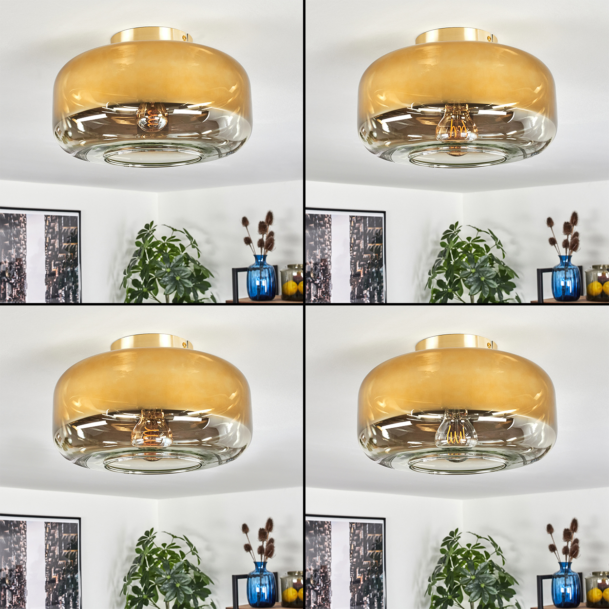Vier Bilder einer Deckenlampe mit Gold- und Klarglas. Hintergrund zeigt Pflanzen, blaue Vase und Dekoration.