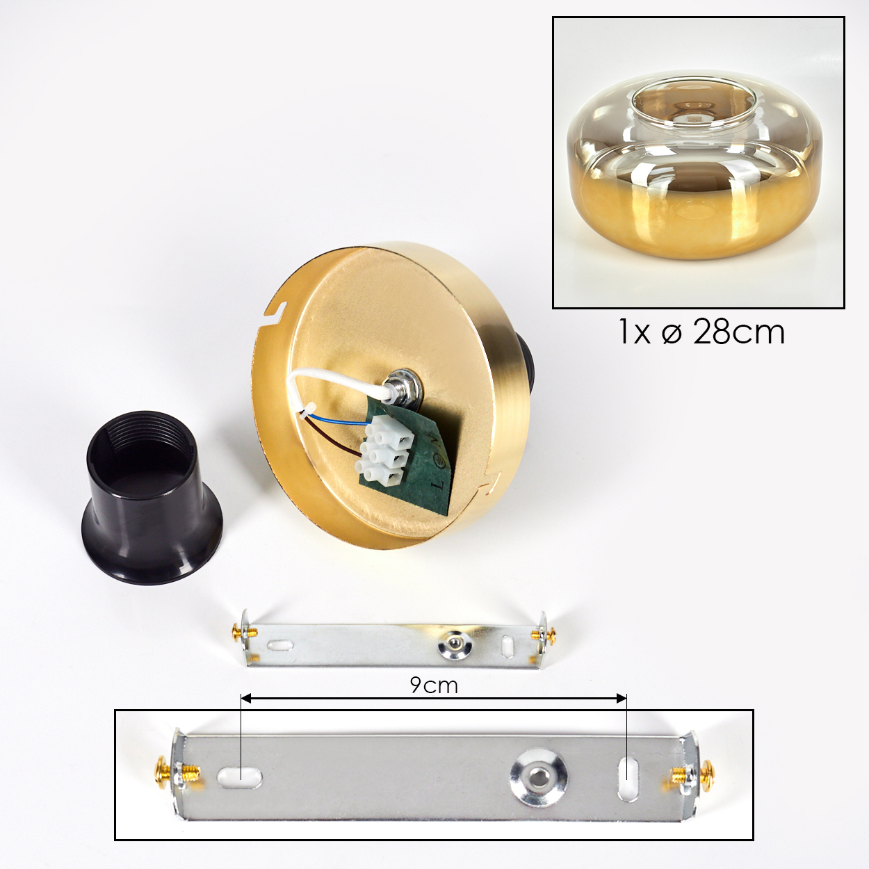 Lampenkomponenten: goldene Deckenhalterung, schwarze Fassung, Glaslampenschirm und Metallhalterung. Maße angegeben.