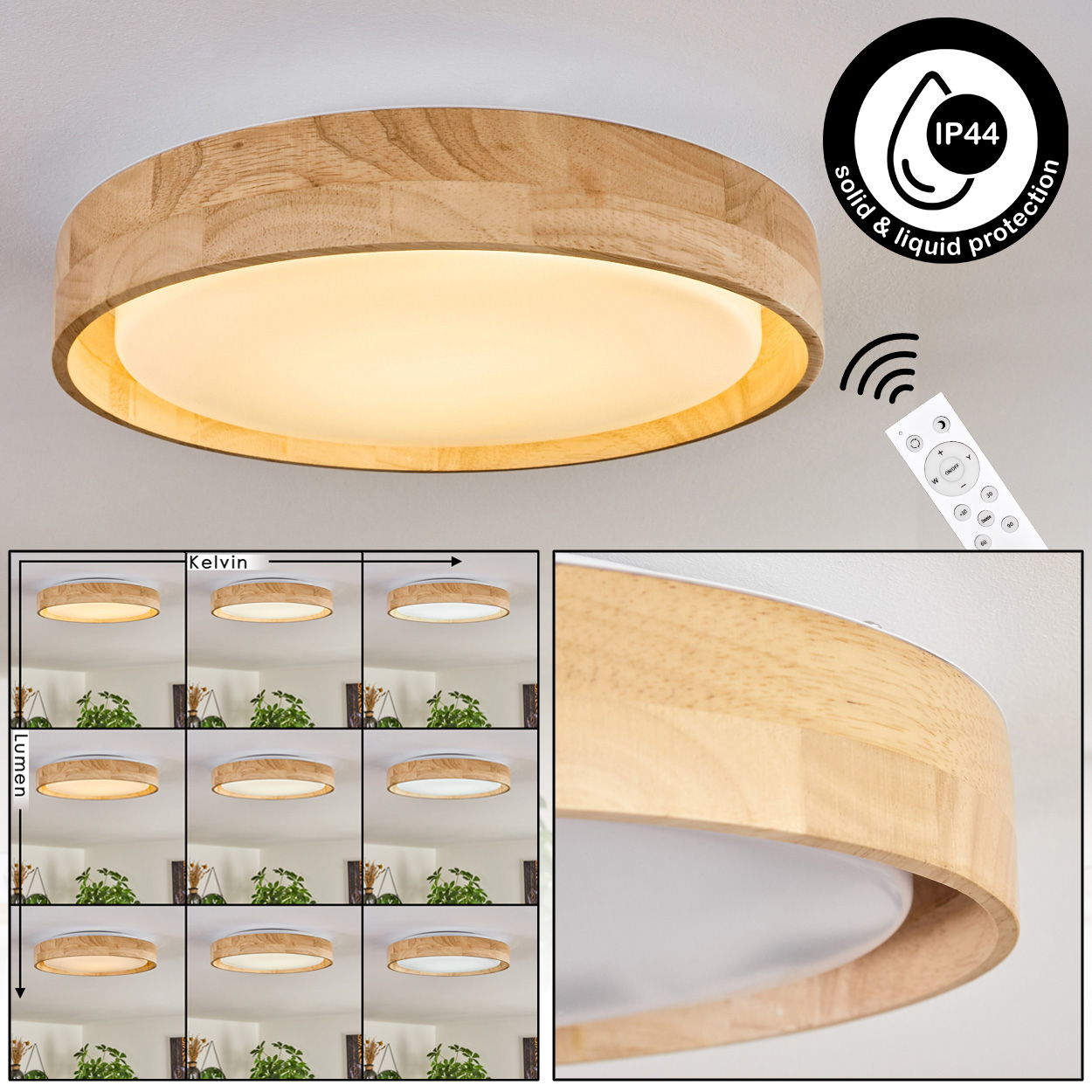 Holz-Deckenlampe mit Fernbedienung. IP44-Schutz. Lichtfarbe und Helligkeit einstellbar. Mehrere Lichteinstellungen werden in einem Raster gezeigt.
