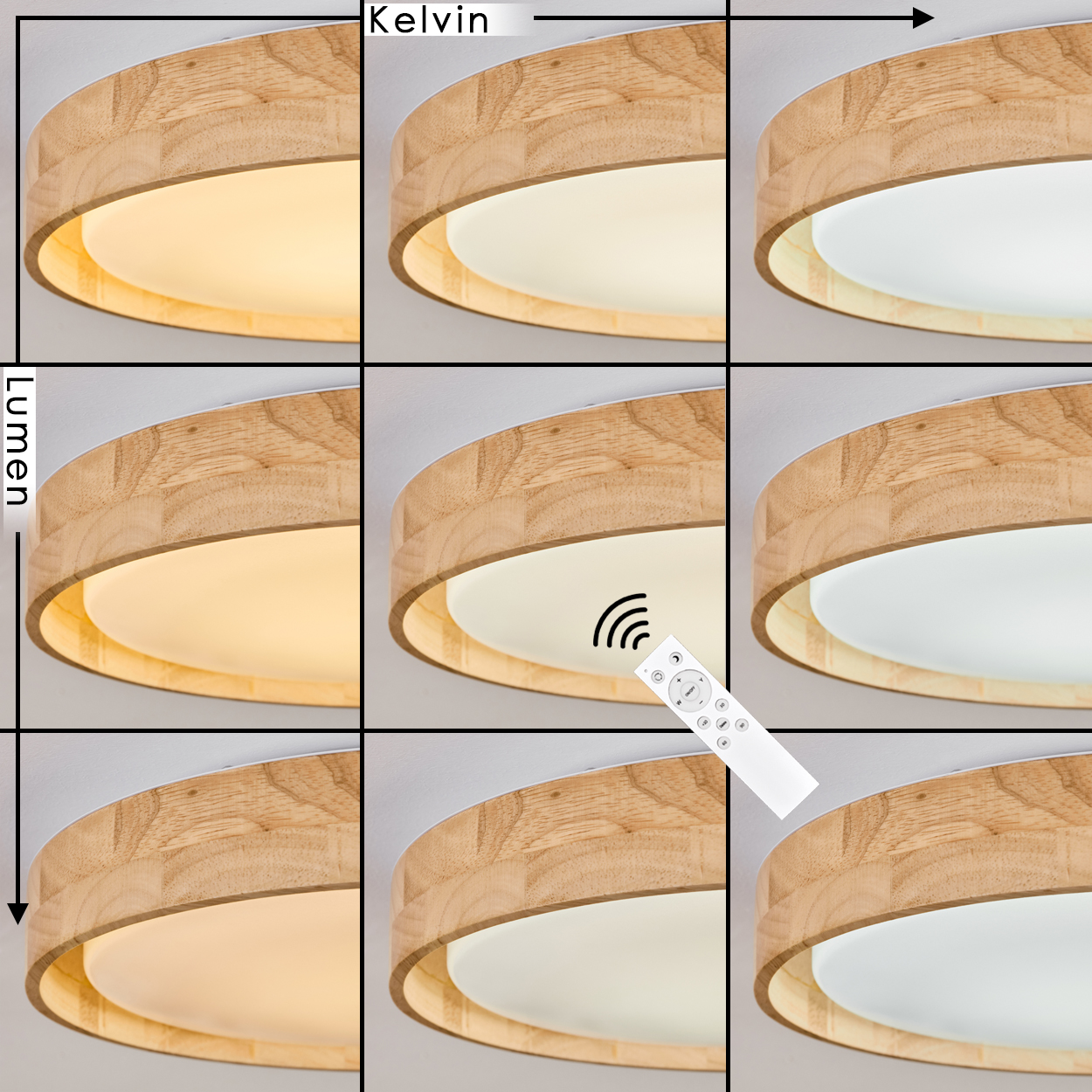 Neun Deckenleuchten mit Holzrahmen zeigen verschiedene Kelvin- und Lumen-Einstellungen. Eine Fernbedienung befindet sich in der Mitte.
