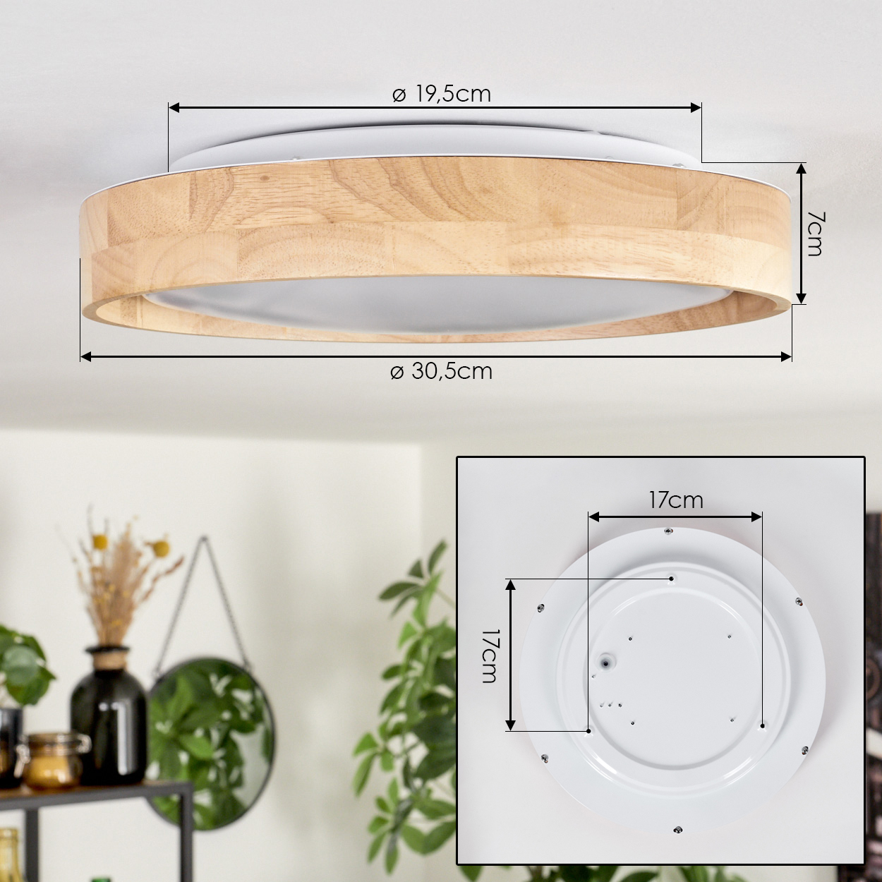 Eine Deckenlampe aus Holz und Weiß mit Maßen. Der Hintergrund zeigt Einrichtungsgegenstände, Pflanzen und einen Spiegel an der Wand.