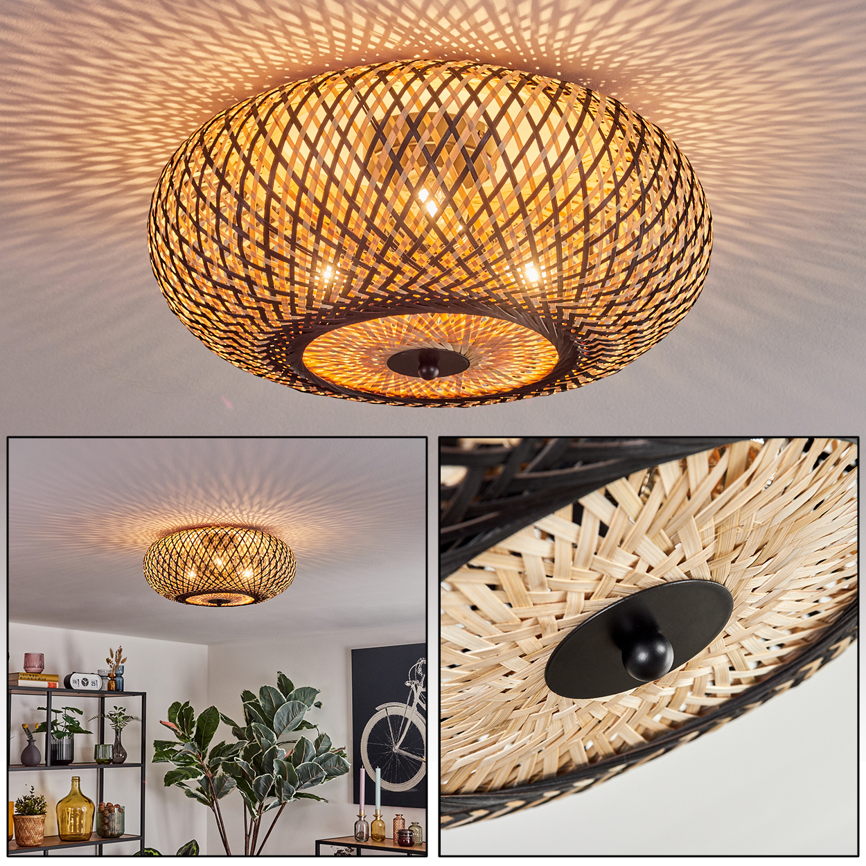 Eine Deckenlampe aus gewebtem Bambus wirft Lichtmuster. Das Bild zeigt einen Raum mit schwarzem Regal, Gemälde und großer Pflanze.