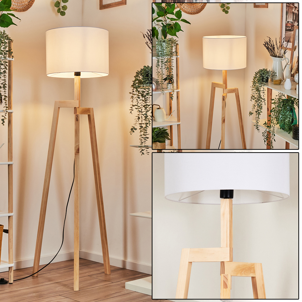 Eine hölzerne Stehlampe mit weißem Lampenschirm steht in einem Raum mit Pflanzen auf Regalen und hängend.