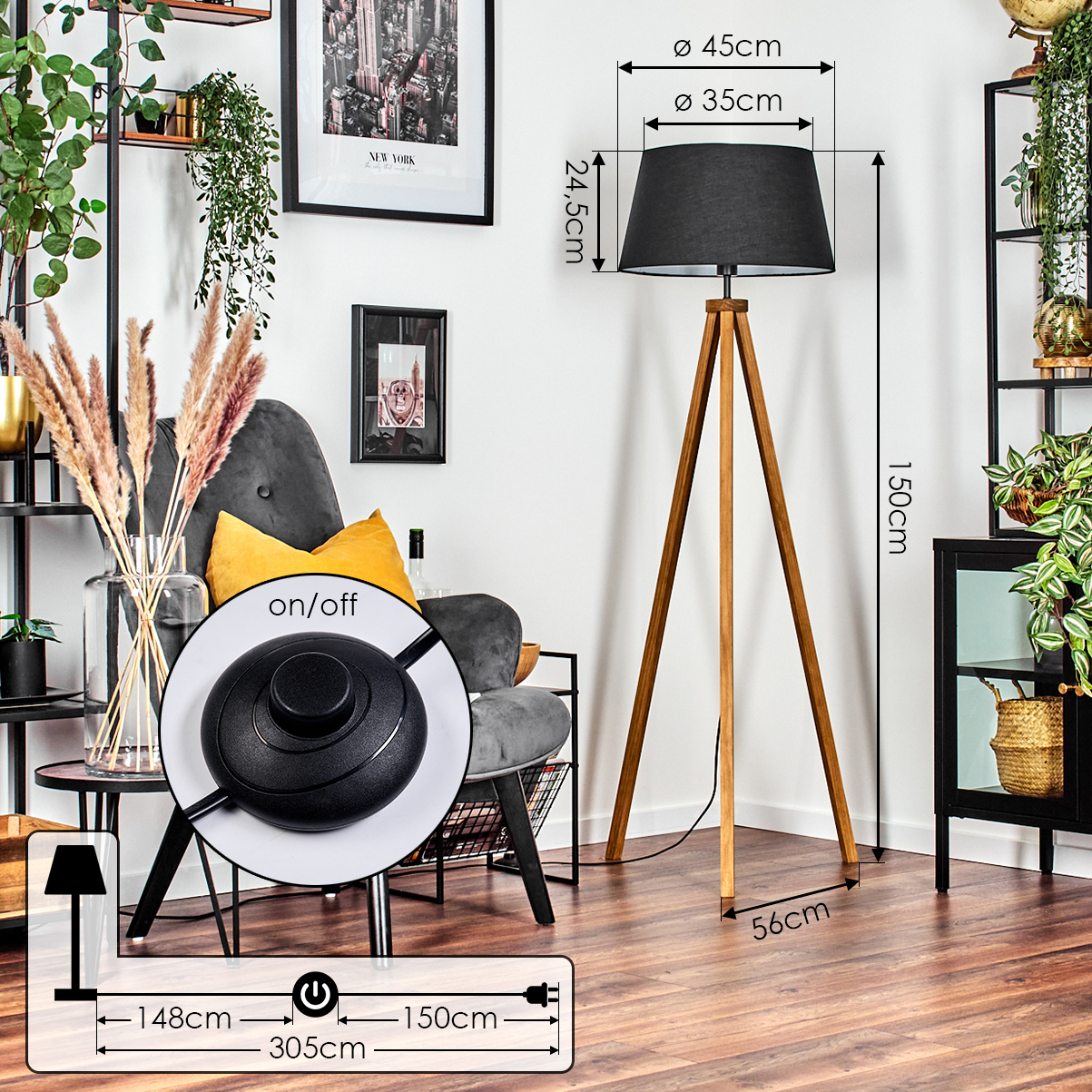 Modernes Wohnzimmer mit Stativ-Stehlampe, grauem Sessel und diversen Dekorationen.