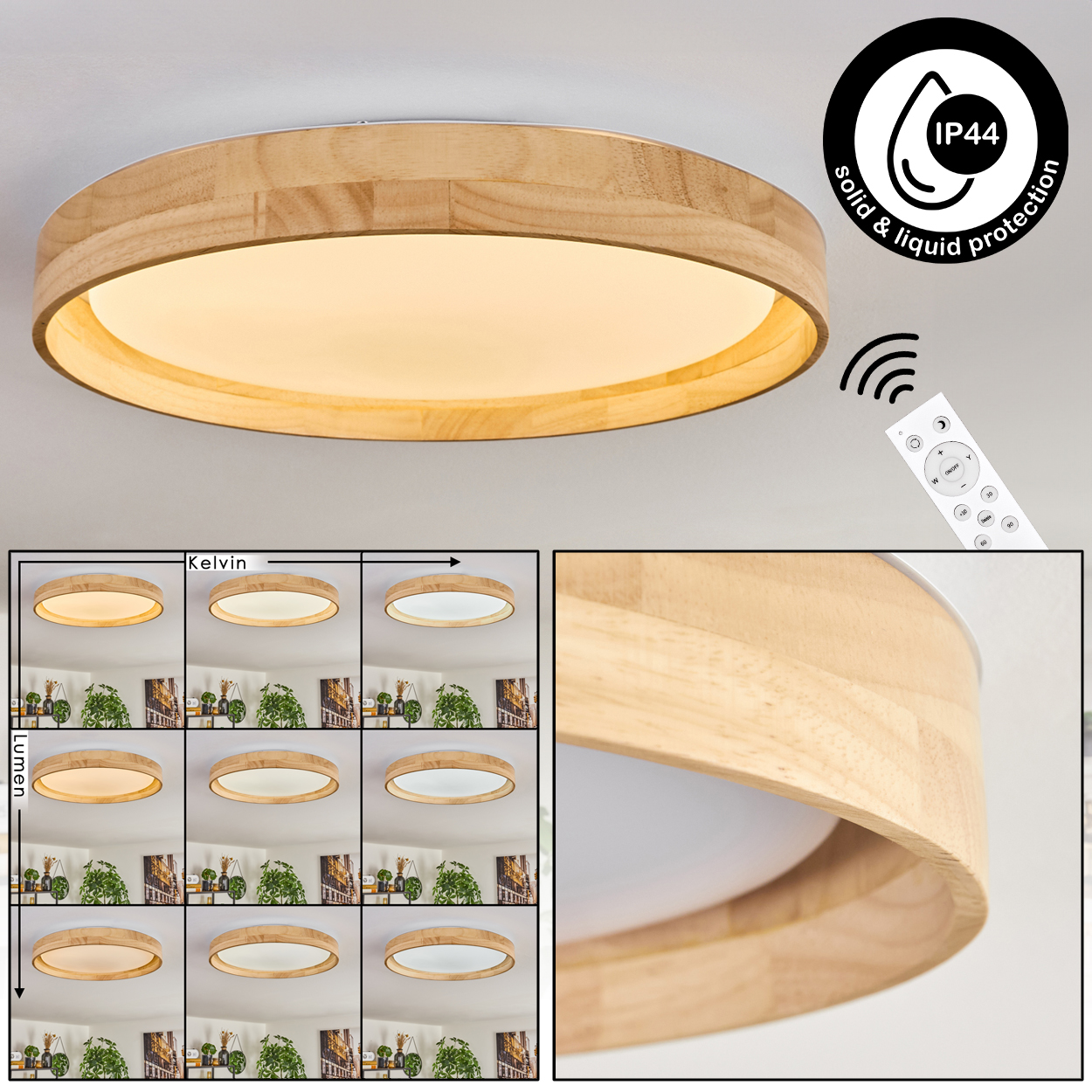 Eine Deckenleuchte mit Holzrahmen und weißem Diffusor. Mit Fernbedienung, IP44-Symbol und Farbtemperaturbeispielen.