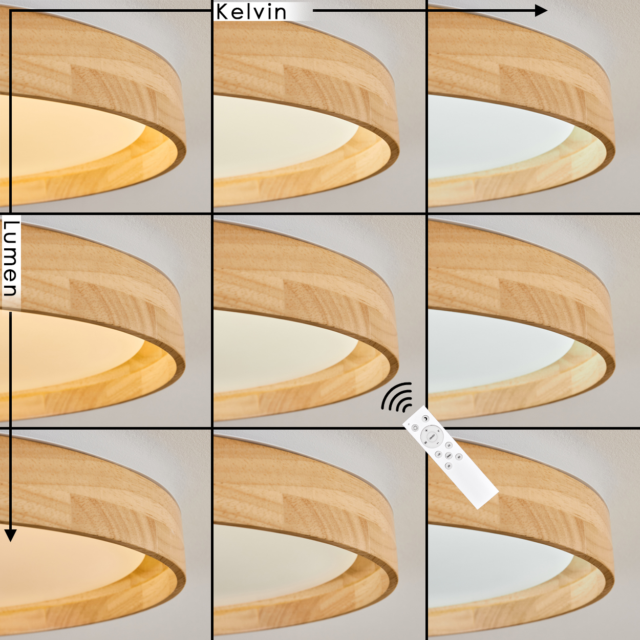 Neun Bilder einer Holzlampe mit einstellbarem Licht. Helligkeit und Farbtemperatur ändern sich.