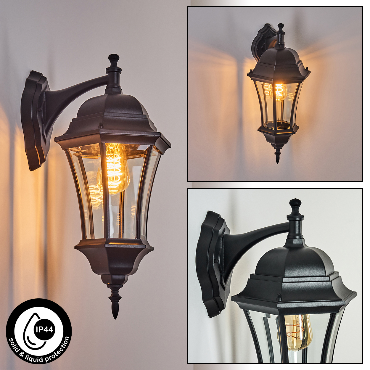 Schwarze Außenlampe mit Glasscheiben, beleuchtet von einer warmen Glühbirne. Sie ist an der Wand montiert, mit IP44-Aufkleber.