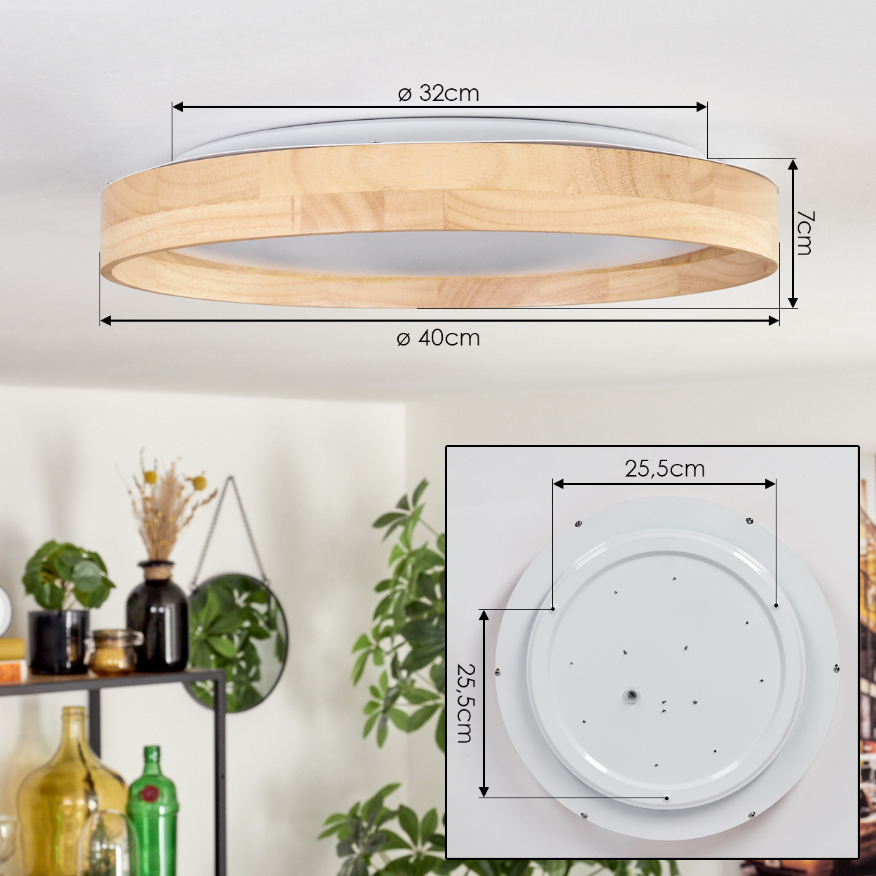 Eine hölzerne Ringlichtarmatur an einer weißen Decke. Abmessungen sind beschriftet. Ein detaillierter Einsatz zeigt die Unterseite des Lichts.