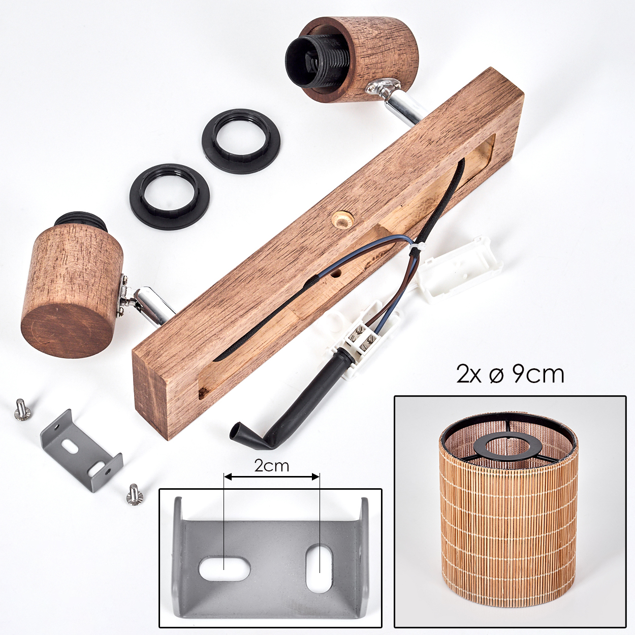 Zerlegte Holzlampenteile. Enthält Holzrahmen, zwei Lampenfassungen, Schirm, Halterung, Schrauben und Drähte.