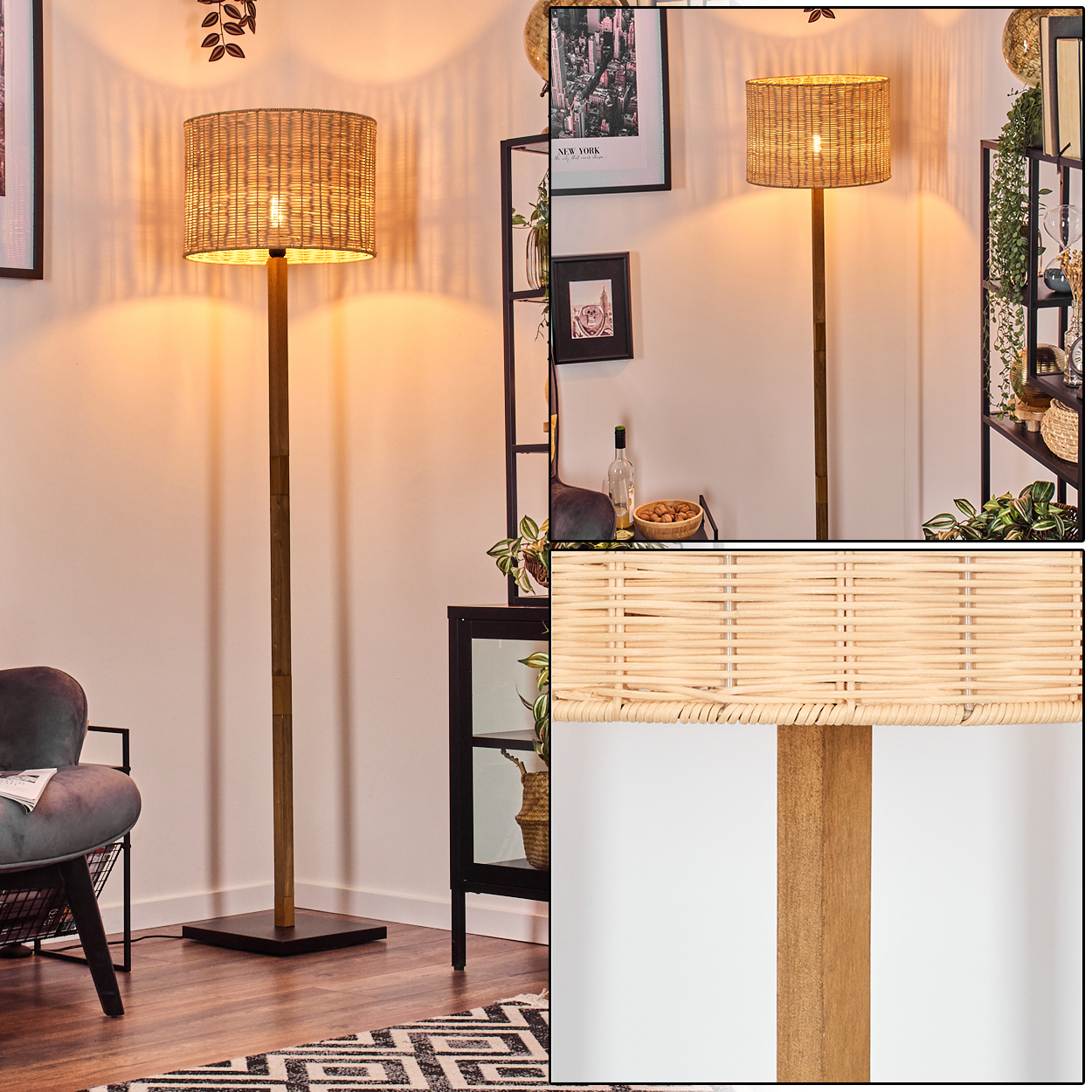 Eine Stehlampe mit gewebtem Lampenschirm steht in einem Raum. Weitere Objekte sind ein Stuhl, Regale und gerahmte Kunstwerke.