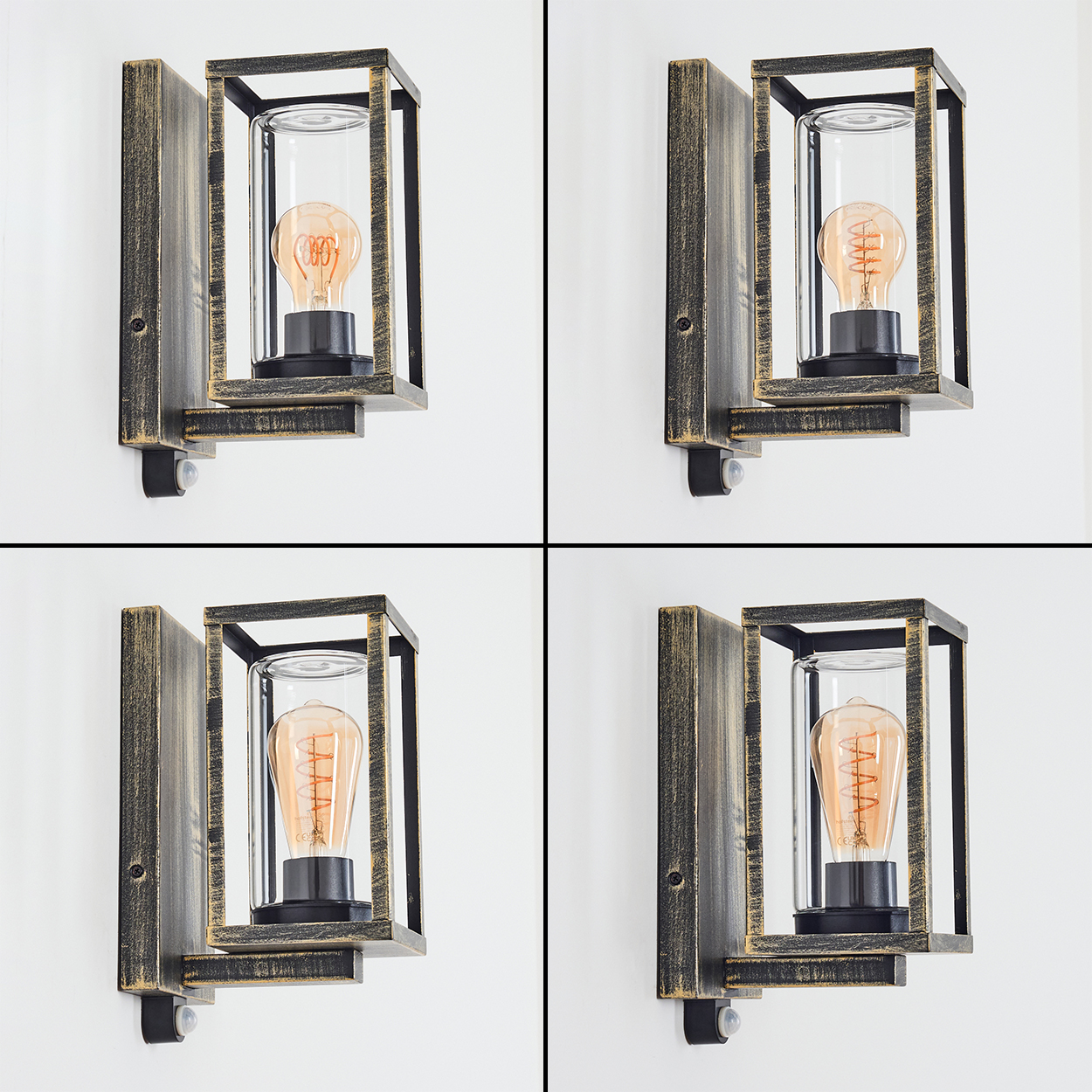 Vier Wandlampen mit schwarzem und goldenem Rahmen, einem Glaszylinder und einer leuchtenden Glühbirne sind vor einer weißen Wand zu sehen.