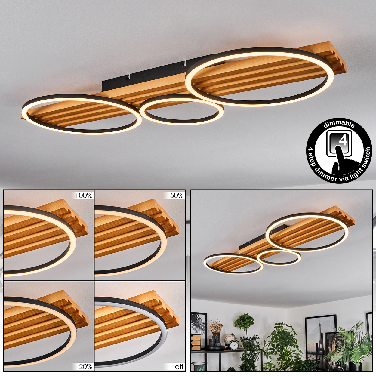 Moderne Deckenleuchte mit drei beleuchteten Ringen. Sie hat eine Holzbasis und schwarze Akzente mit Dimmoptionen.
