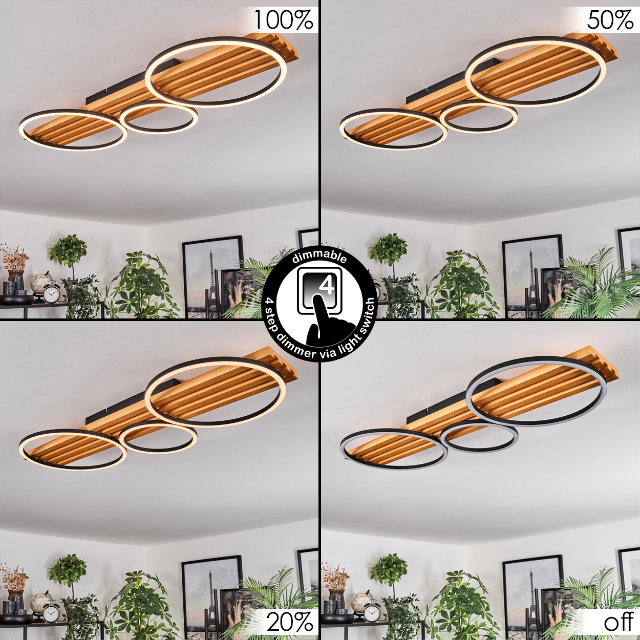 Deckenleuchte mit vier Lichtringen, Holzpaneel. Zeigt 100%, 50%, 20% und aus. Dimmen über Lichtschalter.