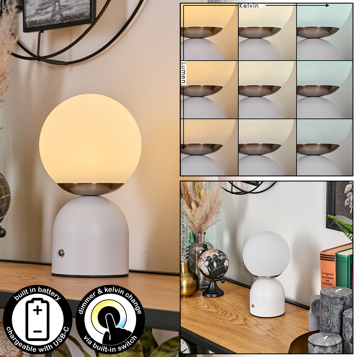 Eine weiße Lampe mit kugelförmigem Licht. Zeigt verschiedene Helligkeits- und Farbtemperaturen. Verfügt über einen eingebauten Akku und USB-C-Laden.