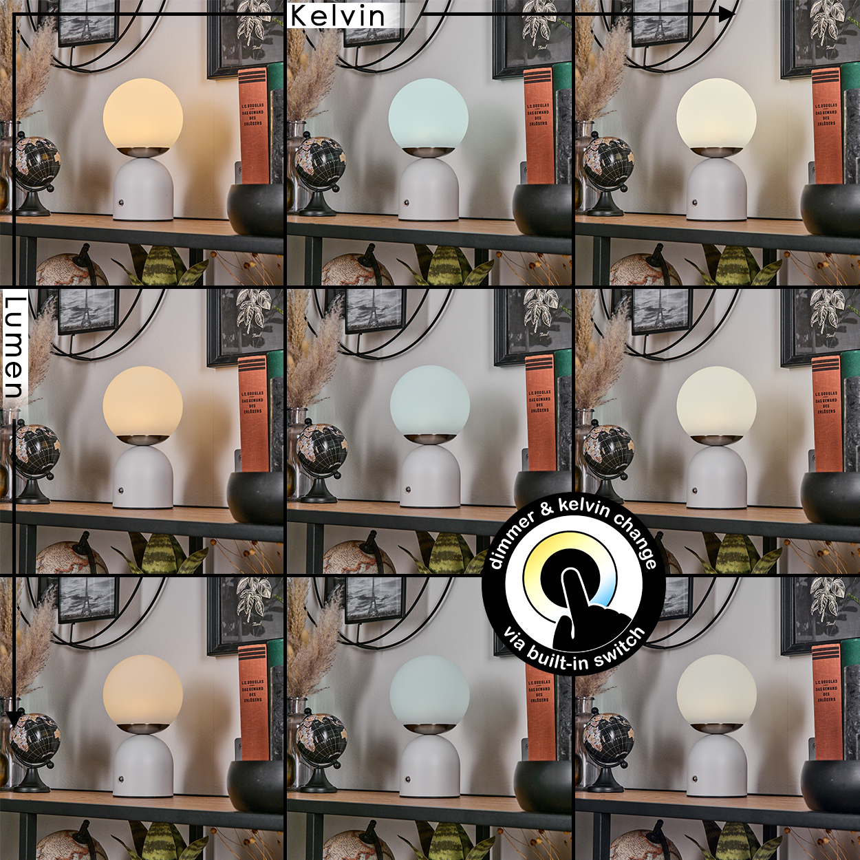 Eine Lampe mit einstellbaren Lichteinstellungen, dargestellt mit unterschiedlichen Farbtemperaturen. Die Lampe steht auf einem Regal mit Dekoration und Büchern.