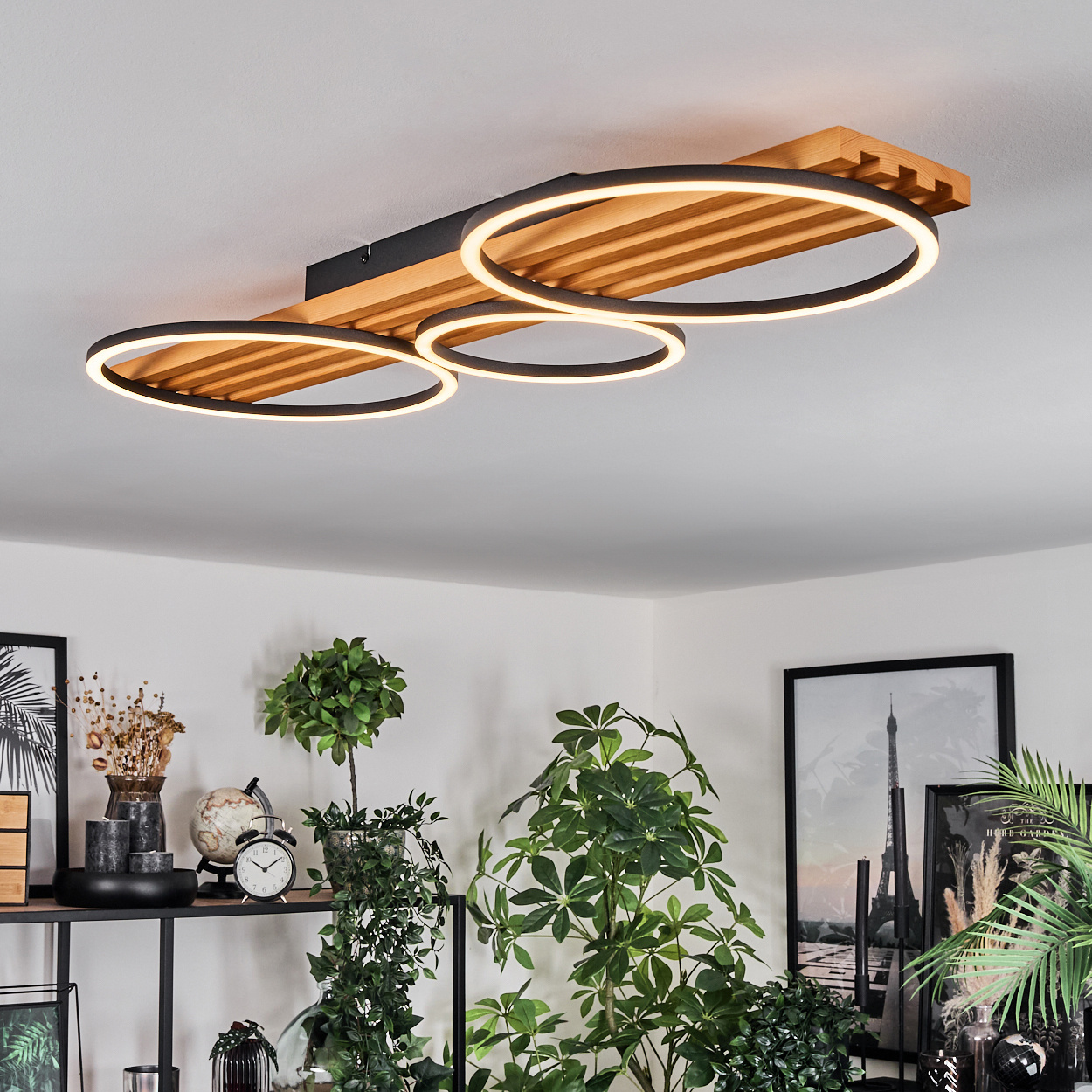Eine moderne Deckenleuchte mit drei kreisförmigen Lichtern und einem Holzsockel. Pflanzen und Dekorationen darunter.