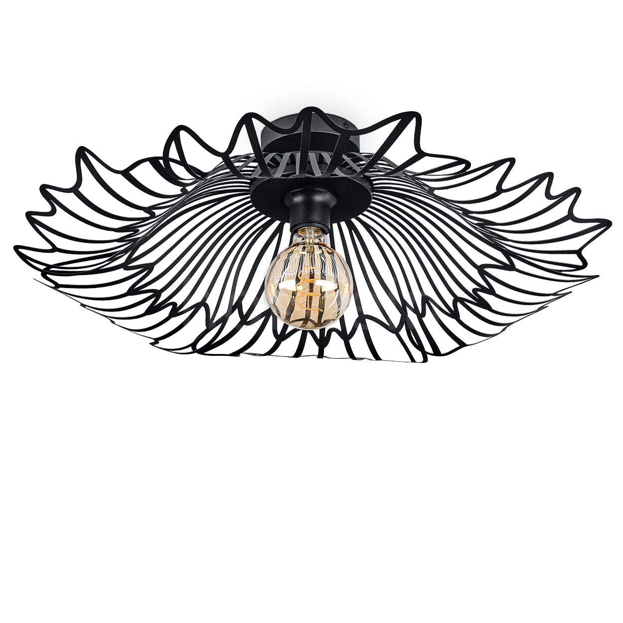 Schwarze Deckenlampe aus Metall mit dekorativem Drahtschirm und einer Glühbirne. Weißer Hintergrund.