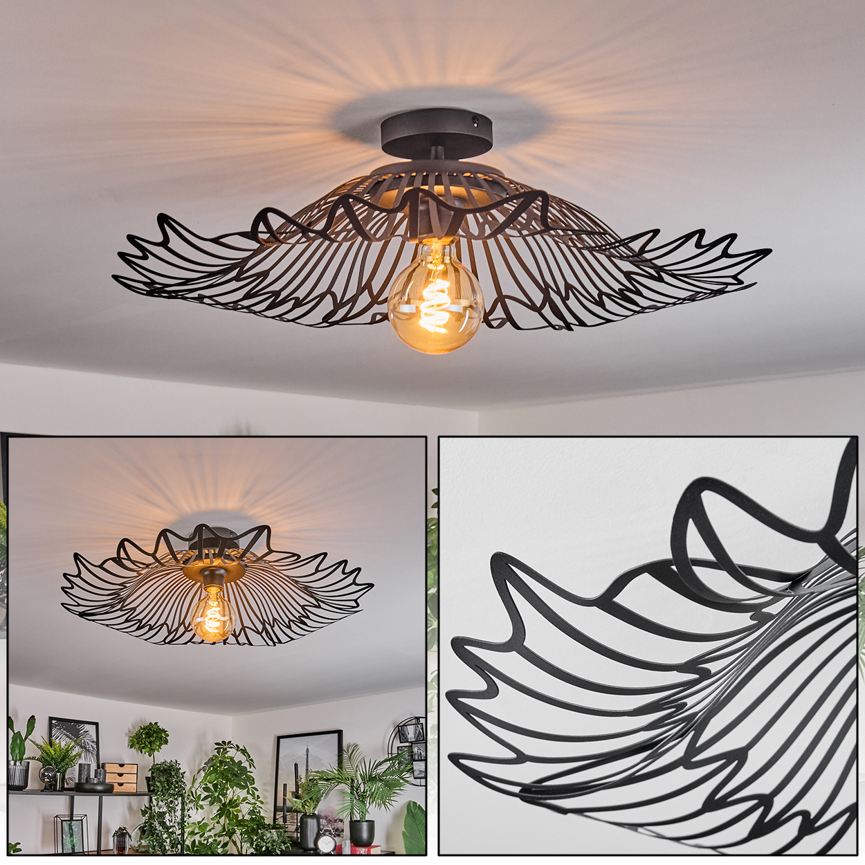 Eine schwarze Deckenlampe aus Metall mit dekorativem Design und einer sichtbaren Glühbirne. Der Hintergrund ist eine weiße Decke.