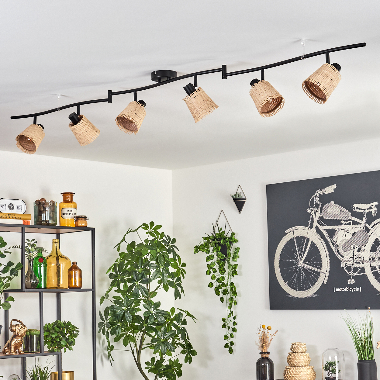 Deckenleuchten mit gewebten Schirmen. Ein Regal mit Pflanzen und Dekoration. Ein Motorrad-Kunstwerk. Pflanzen in Töpfen, und von der Decke hängend.
