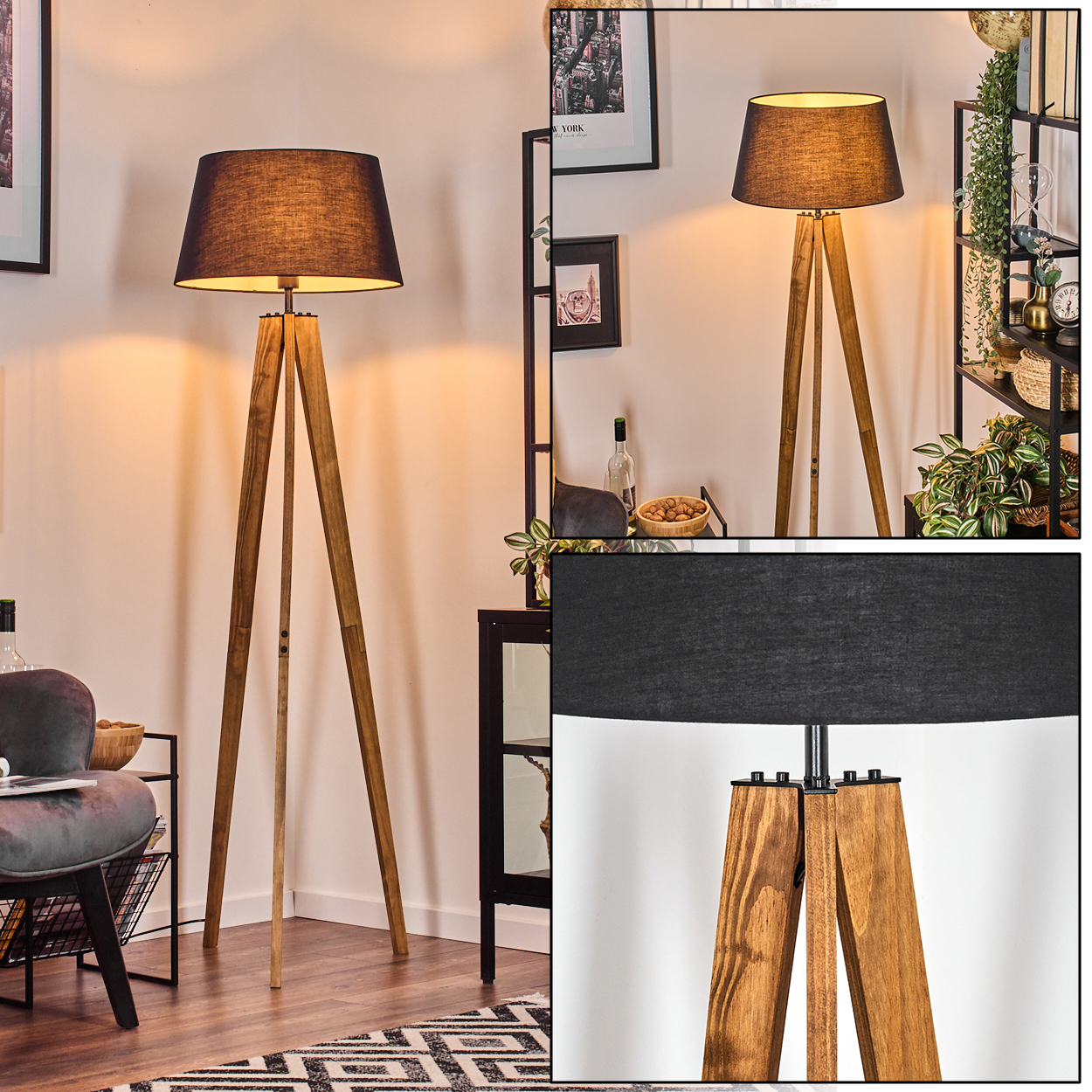 Eine hölzerne Stativ-Stehlampe mit schwarzem Lampenschirm steht in einem Wohnzimmer. Es gibt Dekorationen und Möbel.