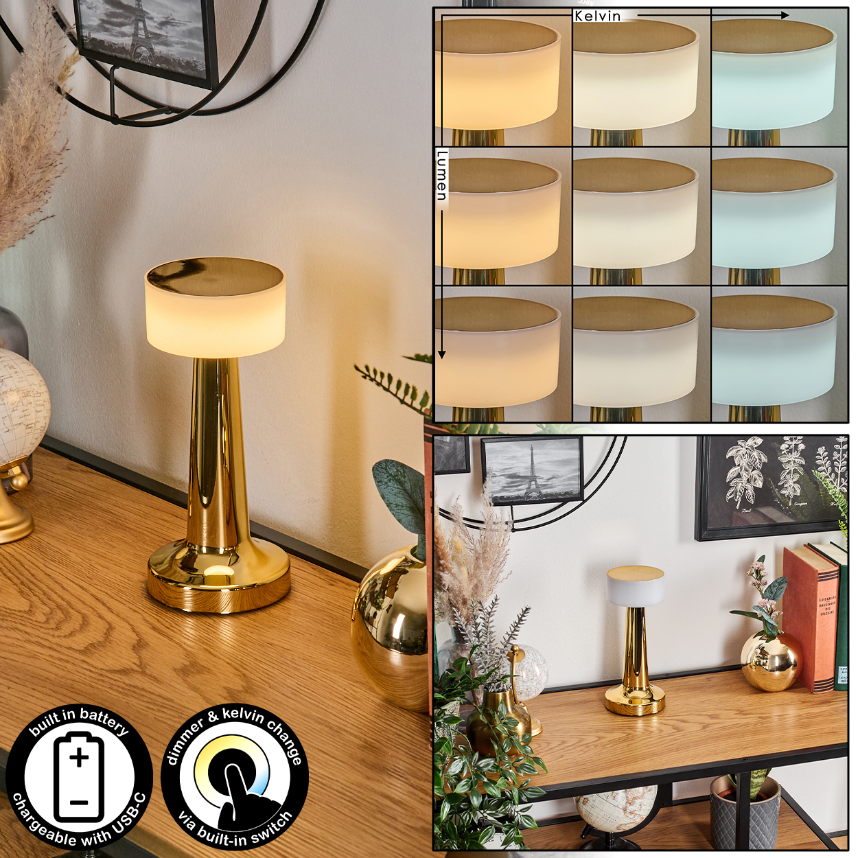 Eine goldene Lampe auf einem Holztisch. Sie hat einen zylindrischen Schirm und einen konischen Sockel. Es gibt auch Farbvariationen.
