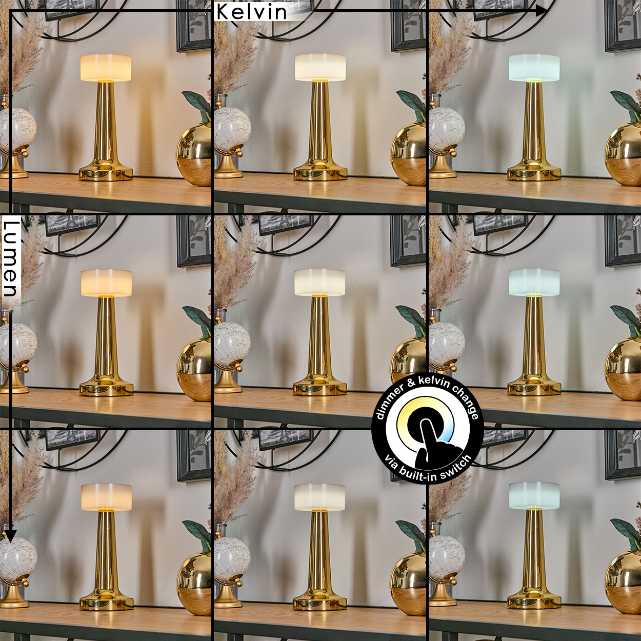 Eine goldene Lampe mit einstellbarem Licht und Kelvin. Das Licht steht auf einem Holztisch mit Dekoelementen. Es zeigt verschiedene Lichtfarben.