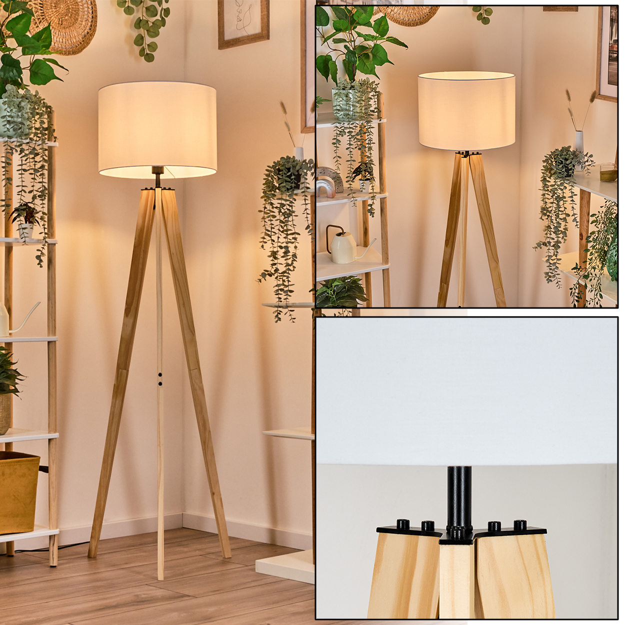 Eine hölzerne Stativ-Stehlampe mit weißem Lampenschirm steht in einem Raum mit Pflanzen und Regalen.