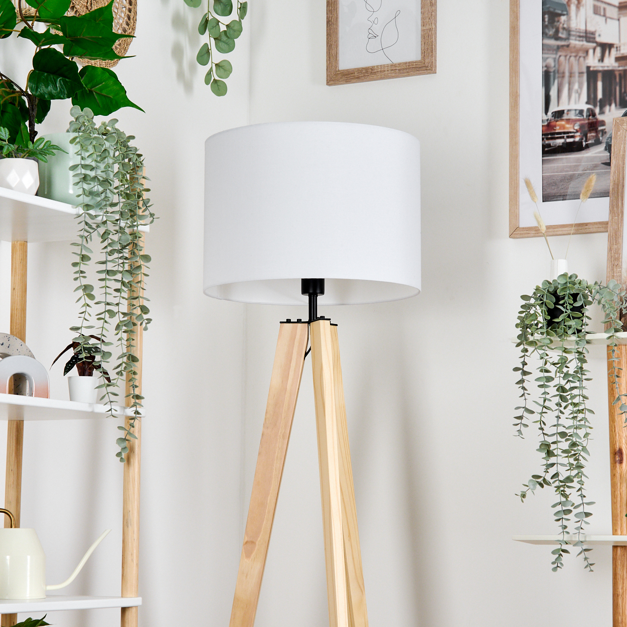 Eine Stehlampe mit Holzbeinen und weißem Lampenschirm steht in einer Ecke. Pflanzen und gerahmte Bilder schmücken die weiße Wand.