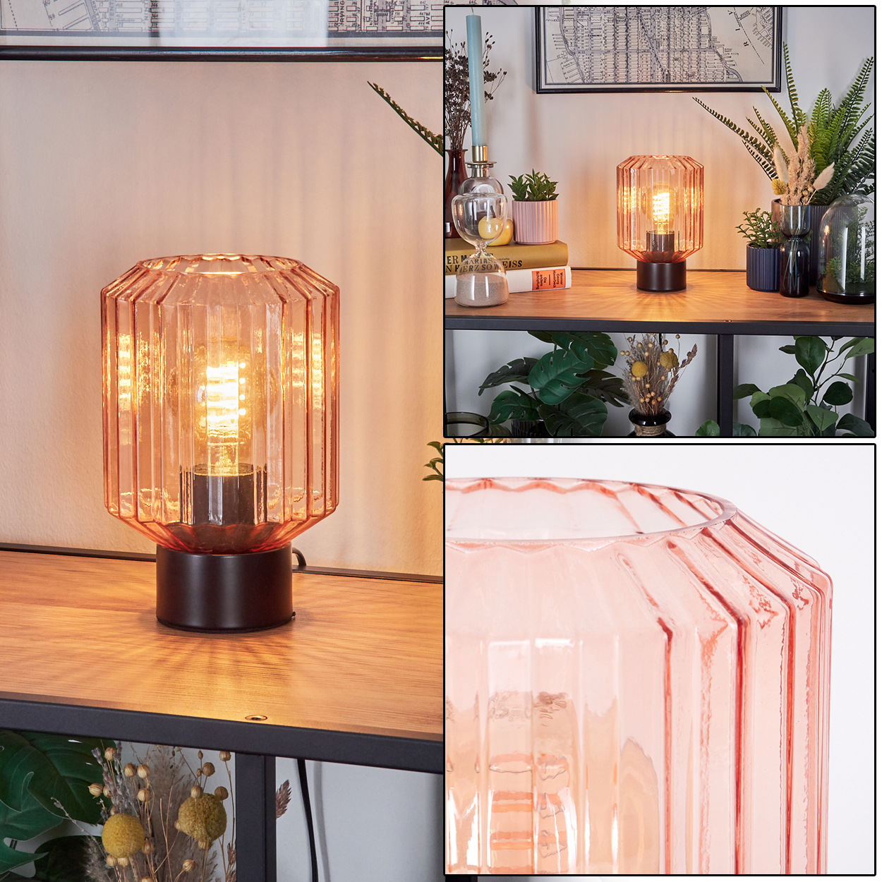 Eine rosa Glaslampe auf einem Holzregal. Im Hintergrund befinden sich andere dekorative Gegenstände wie Pflanzen und Kerzen.