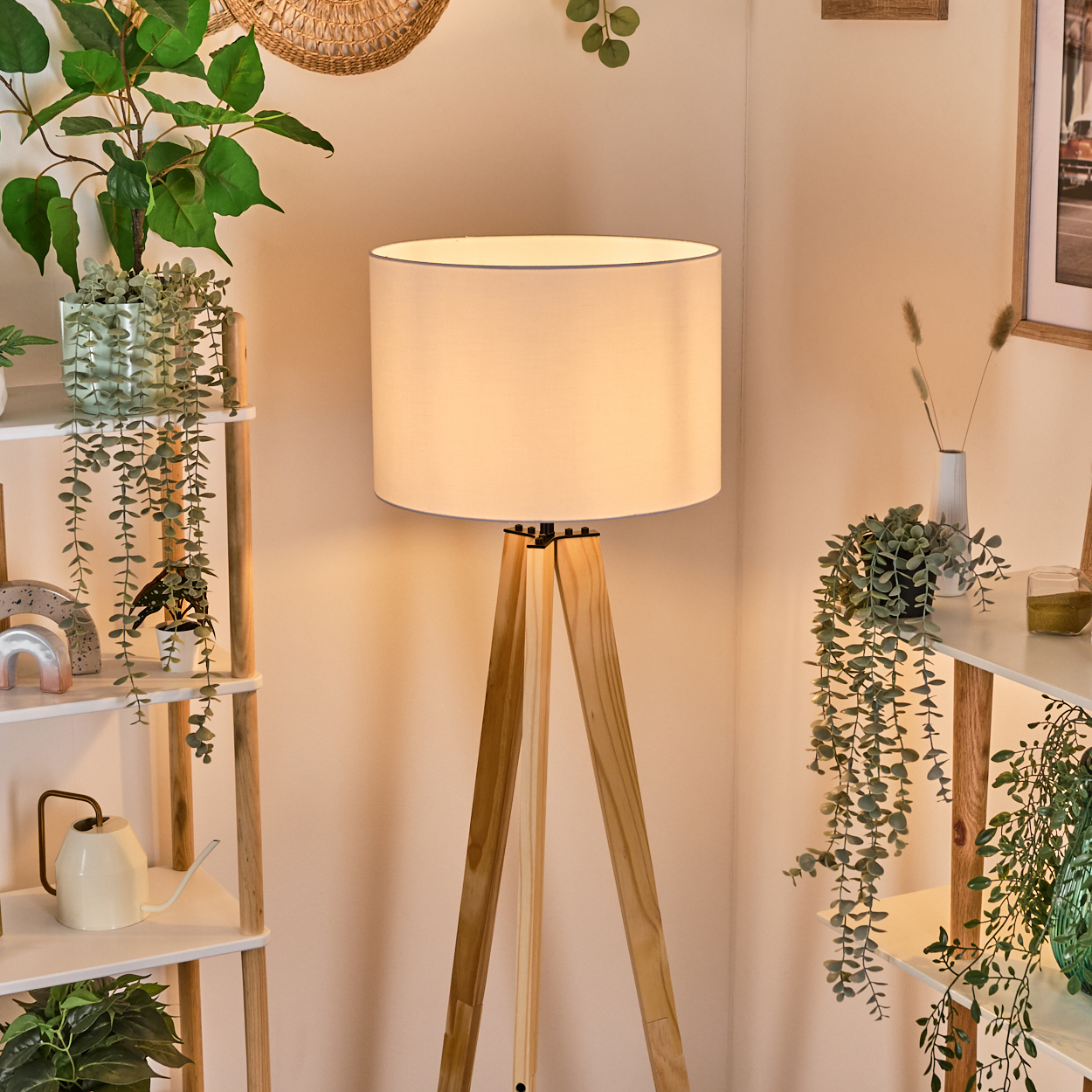 Zimmerecke mit Holzlampe, Pflanzen auf Regalen und hängenden Pflanzen. Warmes Licht beleuchtet die Szene, neutrale Wandfarbe.
